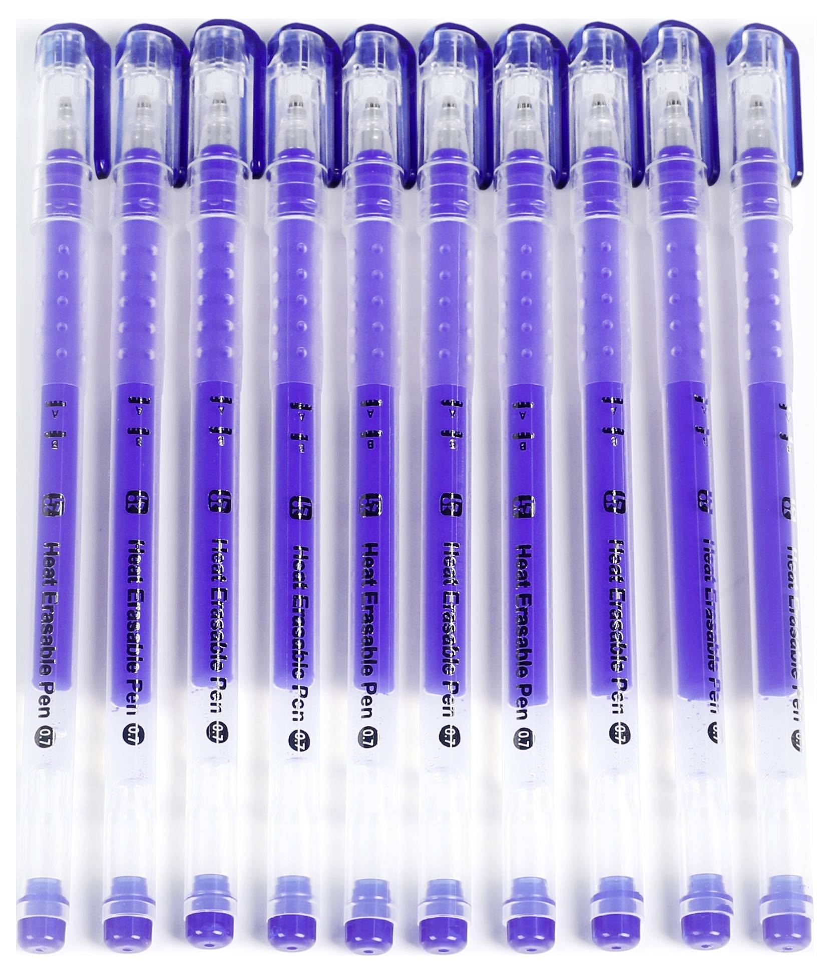 Zehn blaue löschbare Gelstifte sind in einer Reihe angeordnet, jeder mit einer durchsichtigen Kappe und mit der Aufschrift „Pilot FriXion Ball