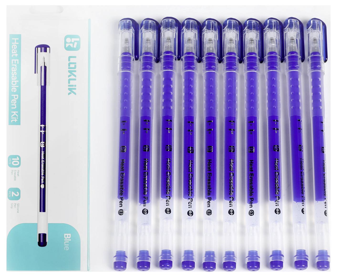 'Heat-Löschbarer Stift-Set' mit 10 blauen Stiften, Radierer enthalten. Stifte sind in einer vertikalen Reihe angeordnet, Verpackung auf der linken Seite. Geeignet zum Schreiben und Löschen.