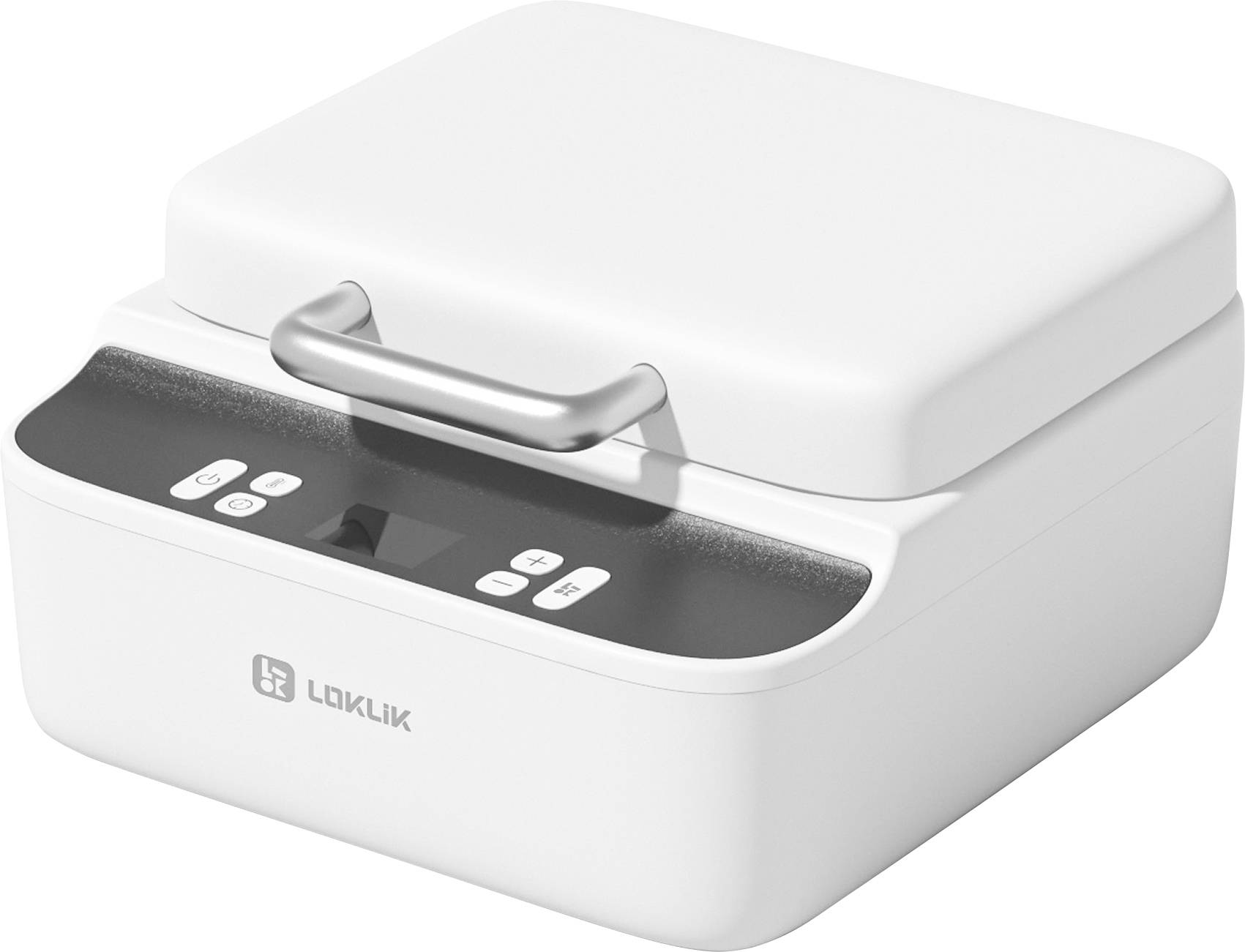 Eine weiße Loklik-Wärmepresse mit digitalem Bedienfeld und Griff, verwendet zum Übertragen von Designs auf Materialien.