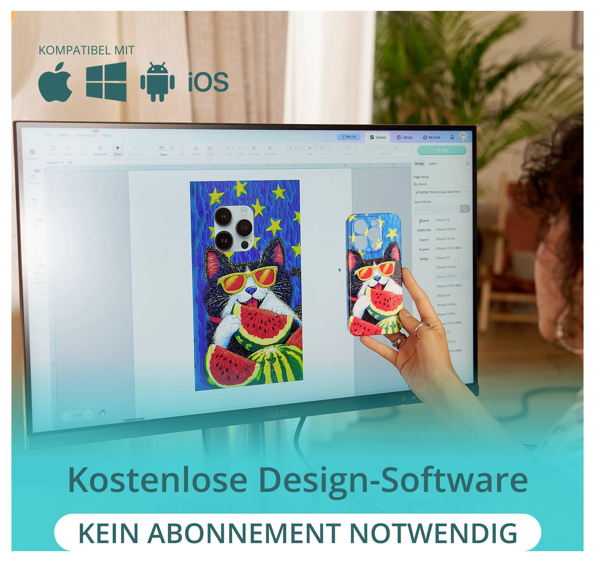Eine Person passt ein Telefon-Case-Design auf einem Computerbildschirm an. Der Text lautet „Kostenlose Design-Software