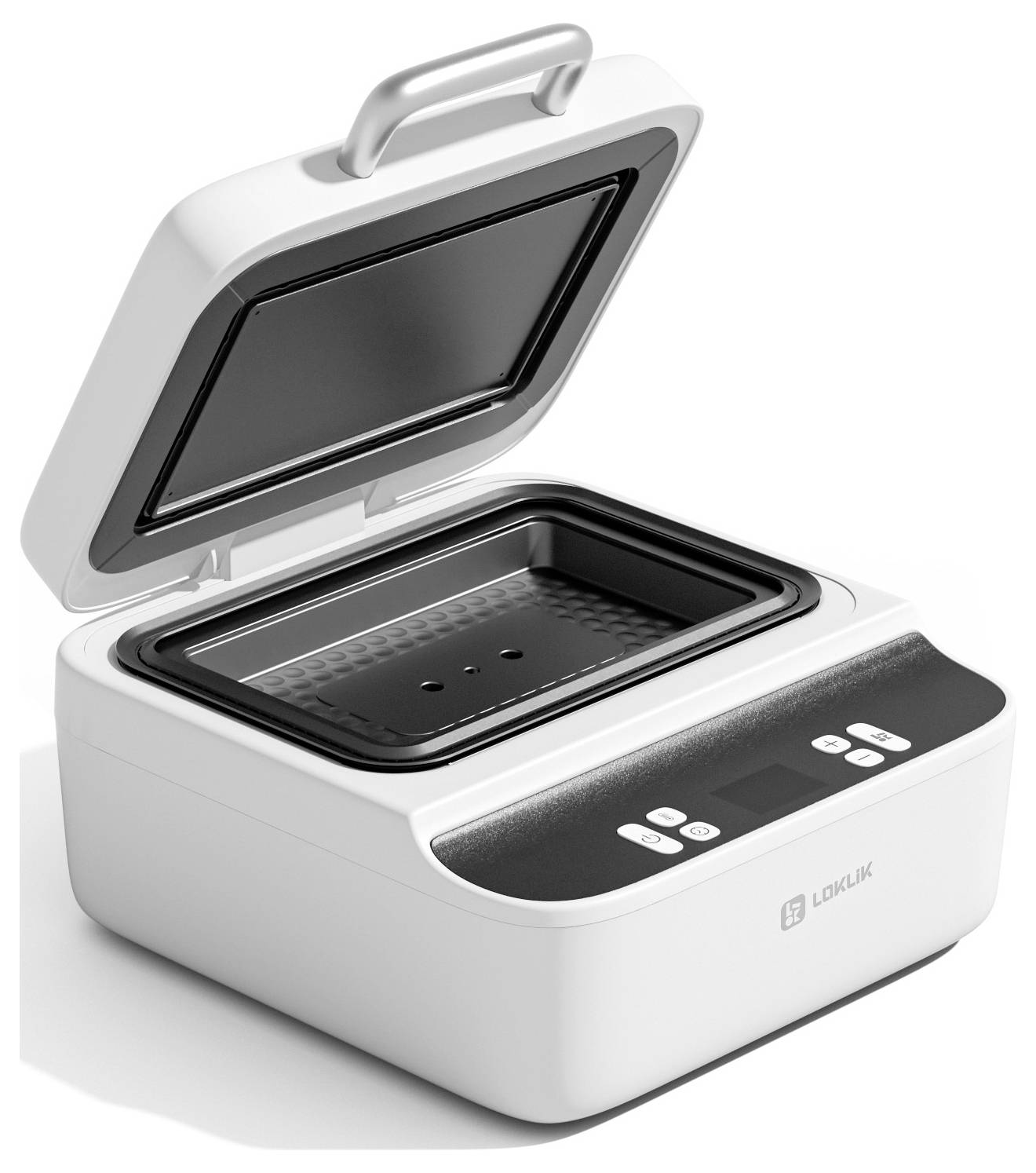 Eine weiße Sous-Vide-Maschine mit digitalem Display und geöffnetem Deckel, der einen Edelstahlinneren zeigt, der sich für präzises Kochen eignet.