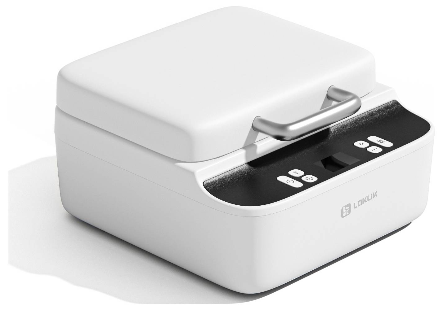 Ein weißes Küchengerät mit einem Deckel, das einem tragbaren Ofen ähnelt, mit mehreren Knöpfen und einem Edelstahlgriff an der Vorderseite.