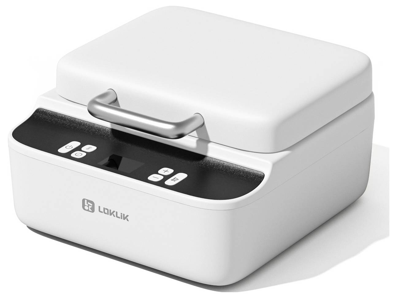 Ein weißes Loklik-Gerät mit Metallgriff, das auf der Vorderseite ein Bedienfeld mit mehreren Tasten aufweist.