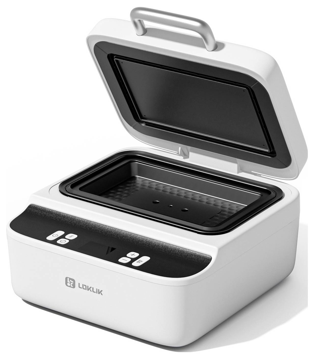 Ein weißer, rechteckiger Lebensmittel-Vakuumschweißer aus einem oberen Blickwinkel, mit geöffnetem Deckel, der Tasten und einen teilweisen Blick in die interne Kammer zeigt.