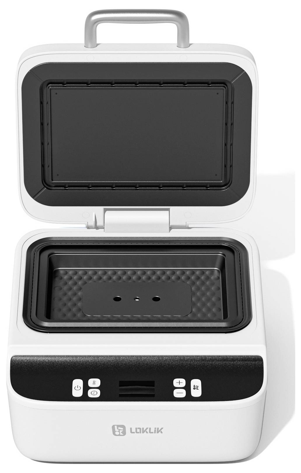 „Elektrogrill mit silbernem Griff, offener Deckel, Heizplatte im Inneren, schwarzes Bedienfeld mit Tasten und Logo darunter.