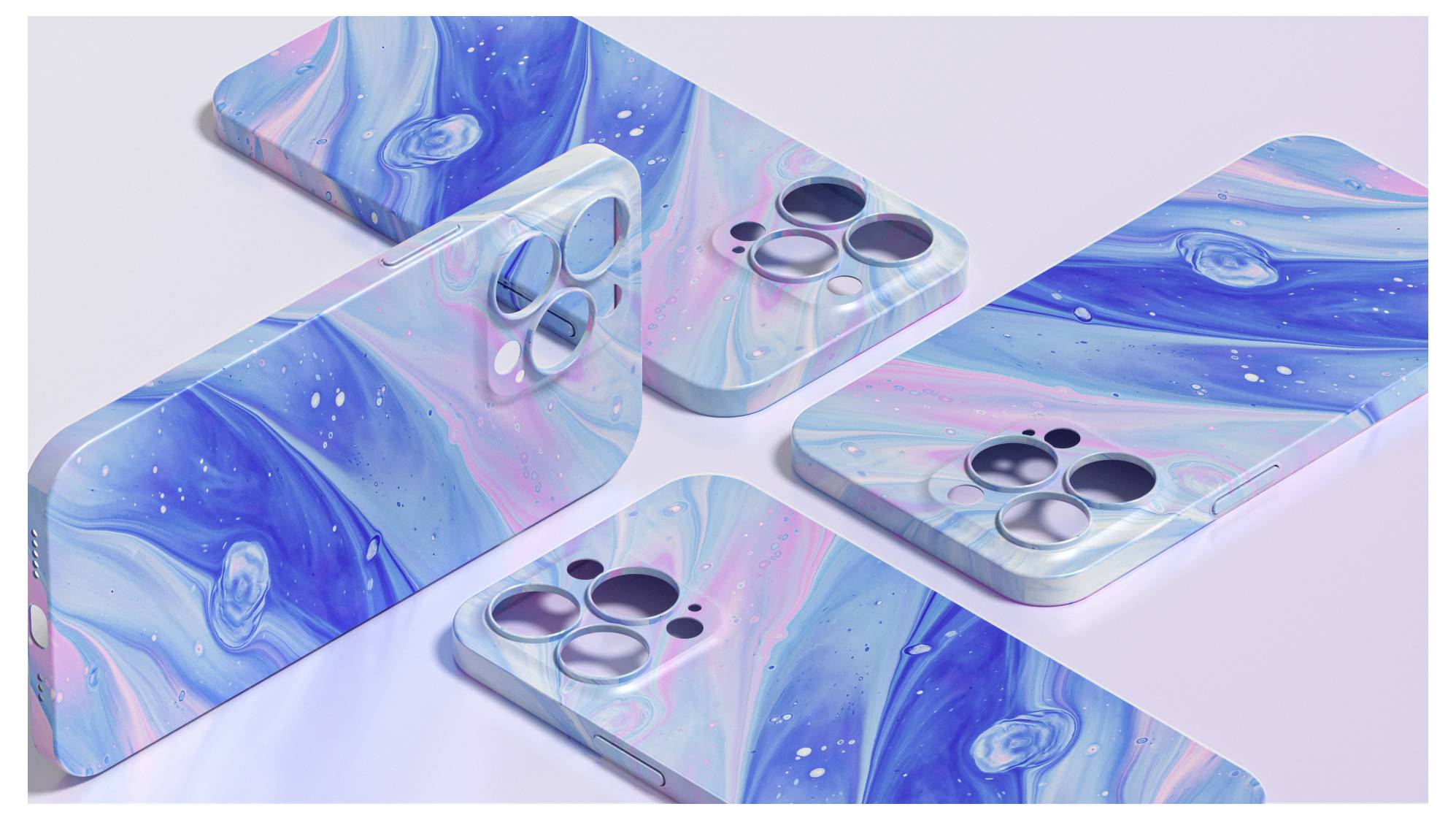 Fünf Handyhüllen mit blauen und rosa Marmormusterungen, jeweils in unterschiedlichen Winkeln positioniert, die Kameraausschnitte und Seitentasten zur Schau stellen.