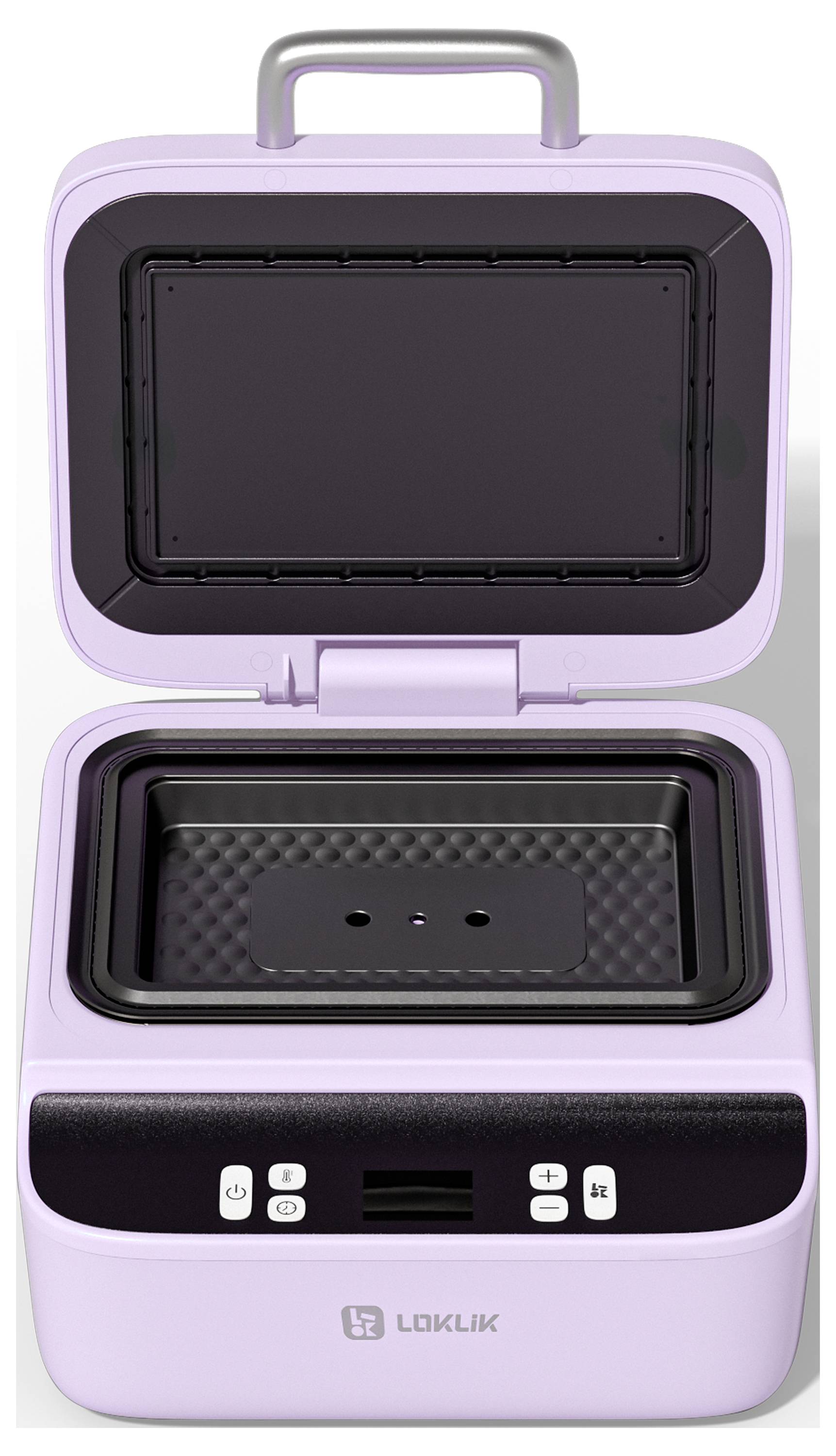 Ein kompakter tragbarer Ofen in Lila mit geöffnetem Deckel, der sein Gargefäß zeigt. Bedienungsschaltflächen sind auf der vorderen Bedienplatte sichtbar.