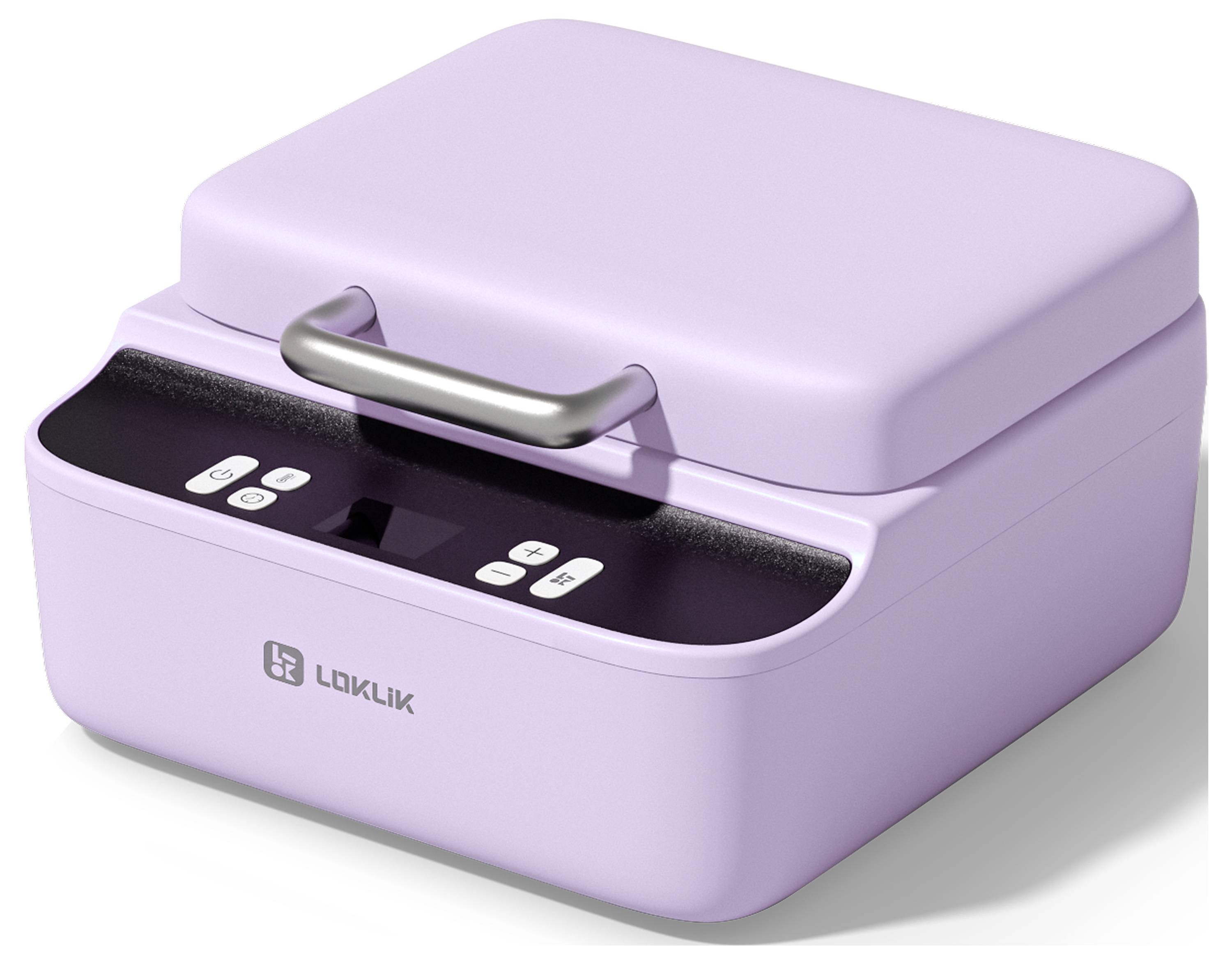 Ein kompaktes, lavendelfarbendes elektronisches Gerät mit einem Griff und Kontrolltasten auf der Vorderseite, der Markenname 'Loklik' ist sichtbar.