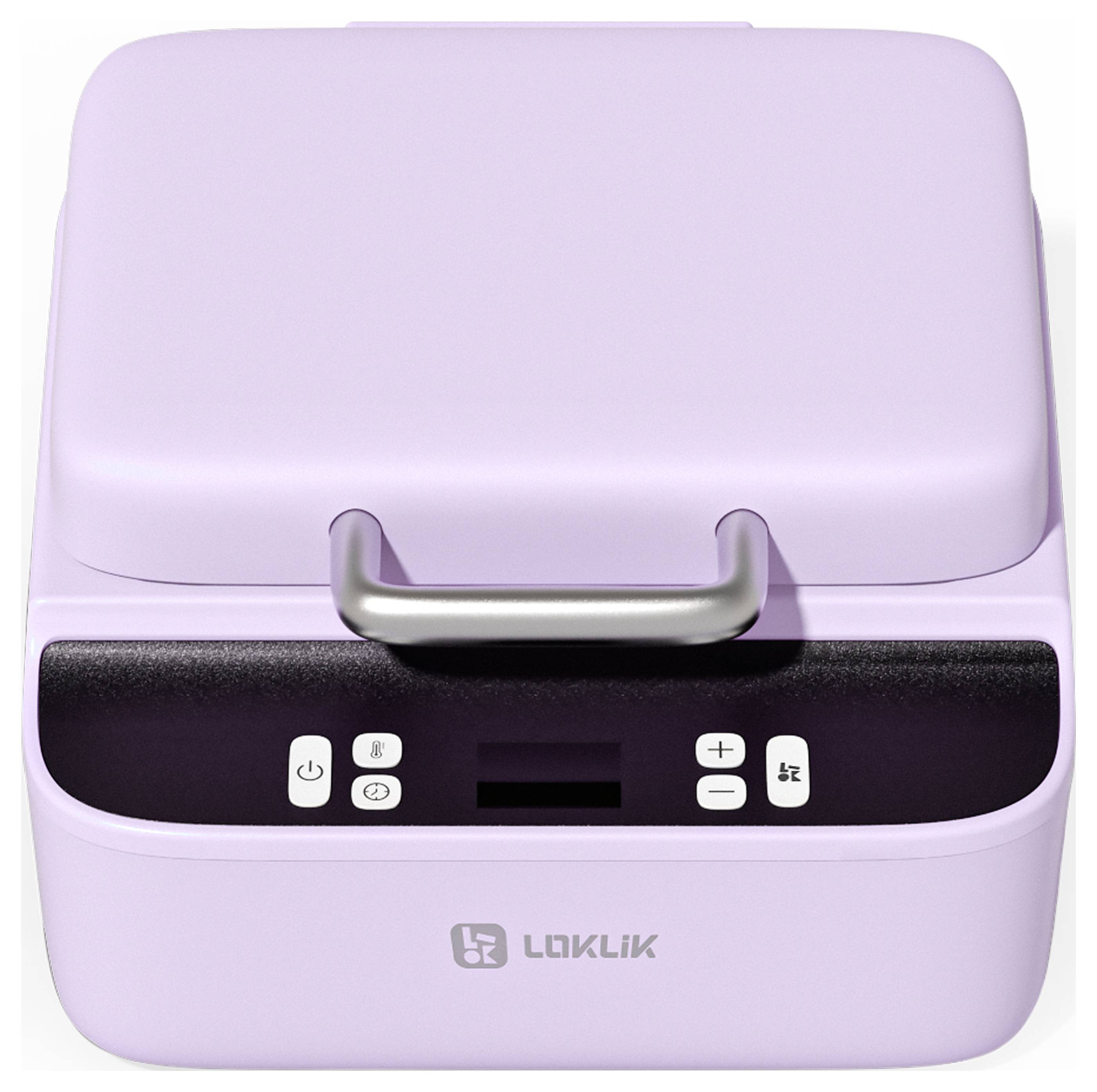 Ein lavendelfarbendes, kompaktes elektronisches Gerät mit Steuertasten und einem Griff oben. Das Markenlogo 
