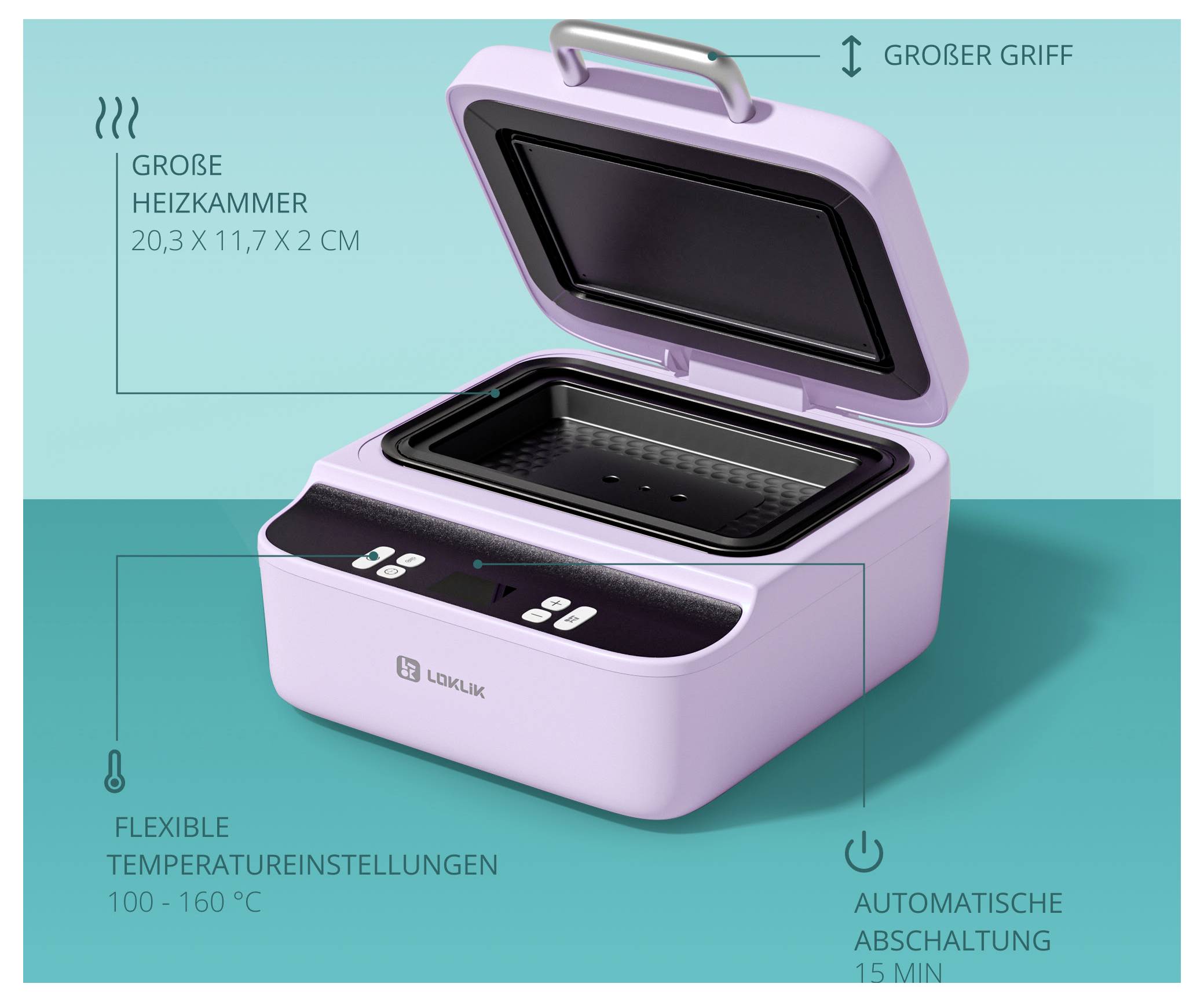 Eine rosa elektrische Lunchbox mit geöffnetem Deckel, Tasten an der Seite und einem Griff oben. Etiketten heben Funktionen hervor wie eine große Heiz­kammer, flexible Temperatureinstellungen (100–160 °C) und automatische Abschaltung nach 15 Minuten.
