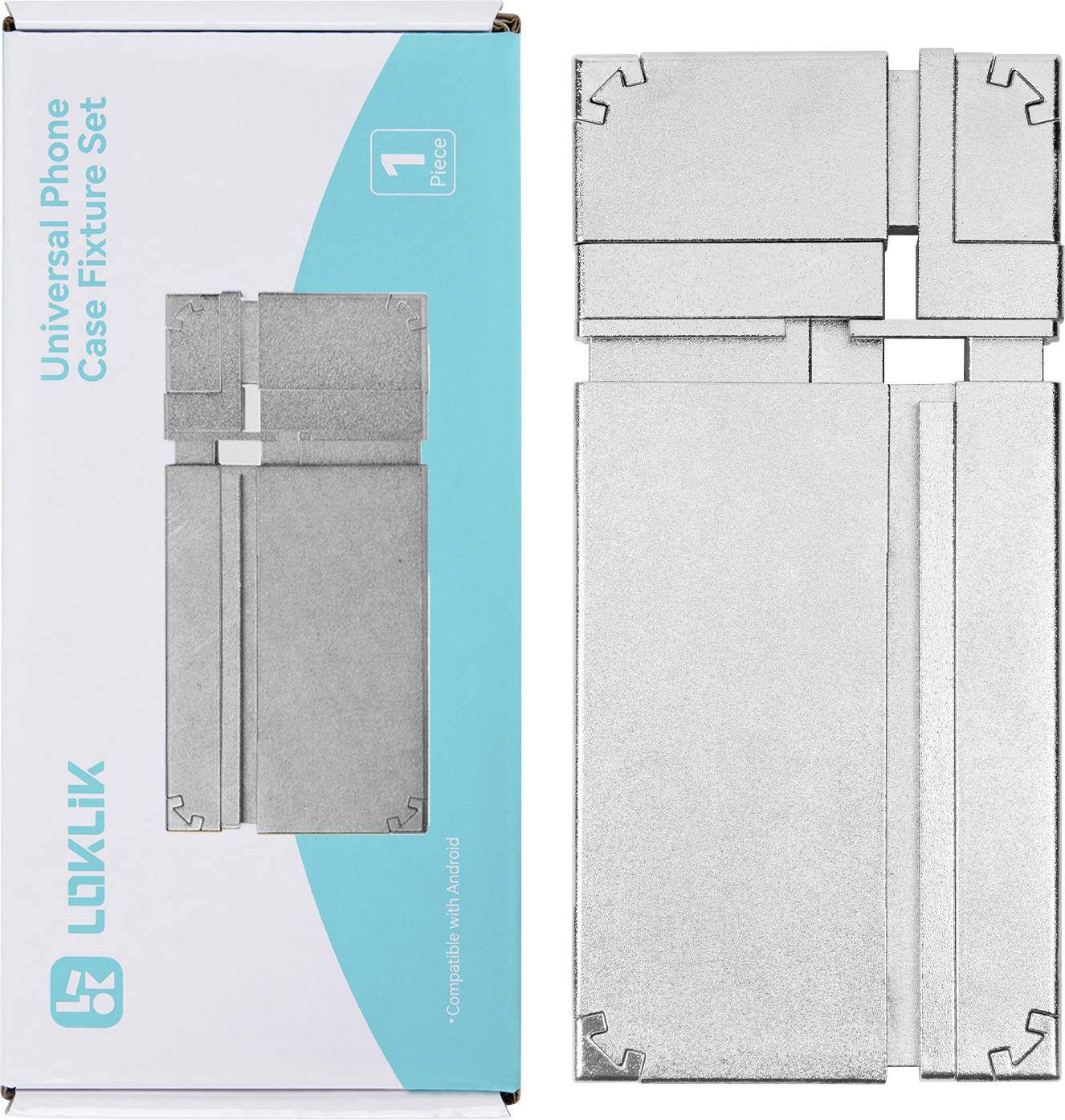 Universelle Handyhüllenfixtur-Set mit Verpackung. Das Set enthält ineinandergreifende Teile zum Zusammenbau einer Handyhüllenfixtur.