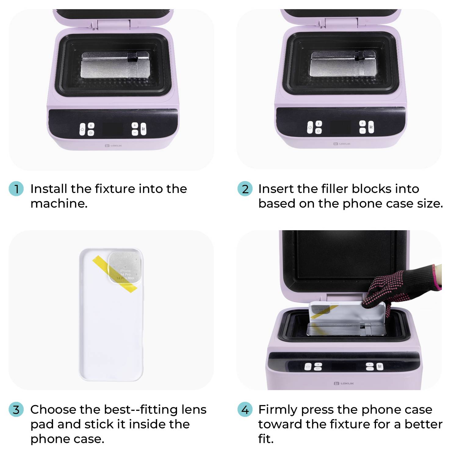 Handschuhe tragende Hände halten eine Handyhüllform in einer Maschine. Der deutsche Text lautet „Einfach zu verwenden mit verschiedenen Handyhüllen