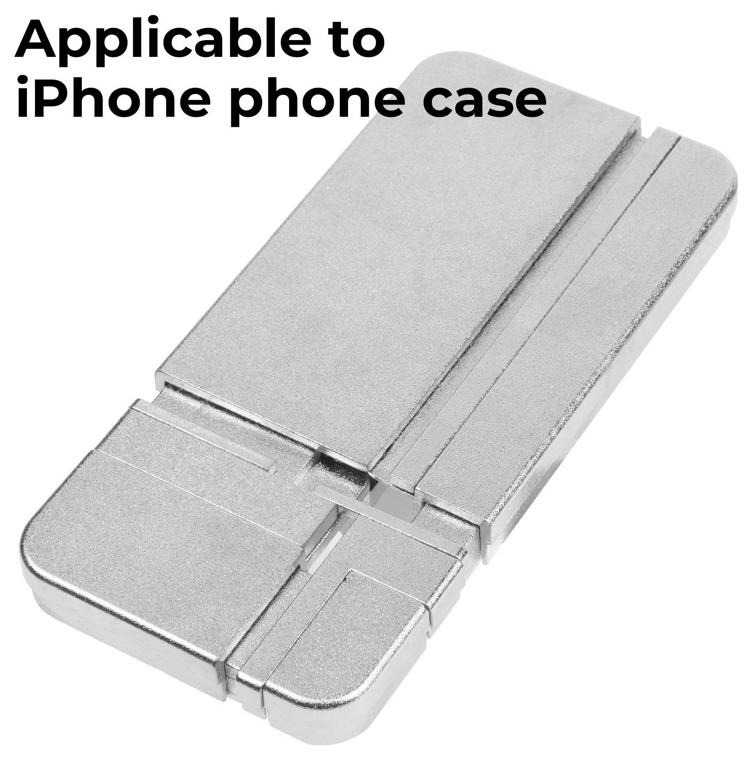 Ein Silberblock mit Vertiefungen und Rillen, gekennzeichnet als anwendbar für iPhone-Handyhülle.