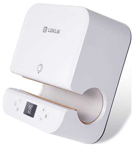 Ein weißes, an der Wand montiertes Küchengerät mit digitaler Anzeige, mit Tasten zur Temperatur- und Zeiteinstellung, Marke 'LOKLIK'.