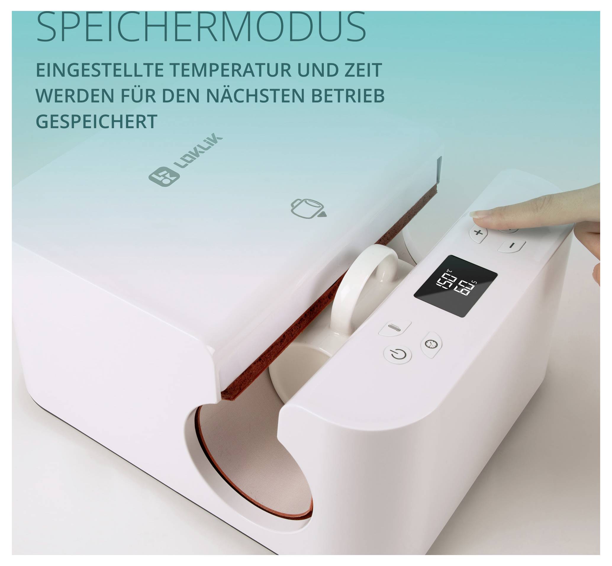 Eine Hand stellt die Einstellungen an einem weißen Lovak-Gerät mit Displayscreen ein. Der Text auf Deutsch lautet: „Speichermodus: Eingestellte Temperatur und Zeit werden für den nächsten Betrieb gespeichert.