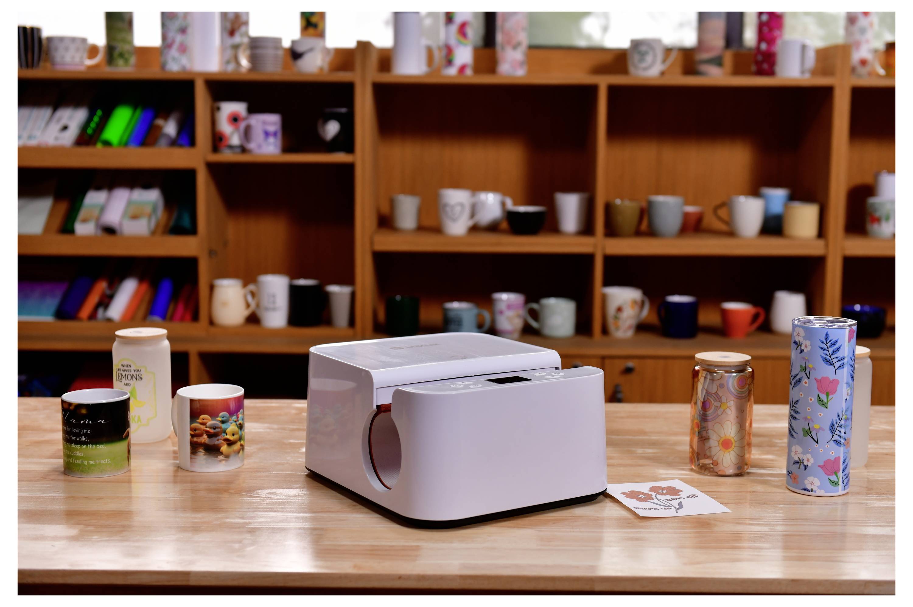 Ein kleines, weißes Druckgerät sitzt auf einer hölzernen Arbeitsplatte, umgeben von verschiedenen bunten Tassen und Bechern auf Regalen im Hintergrund.