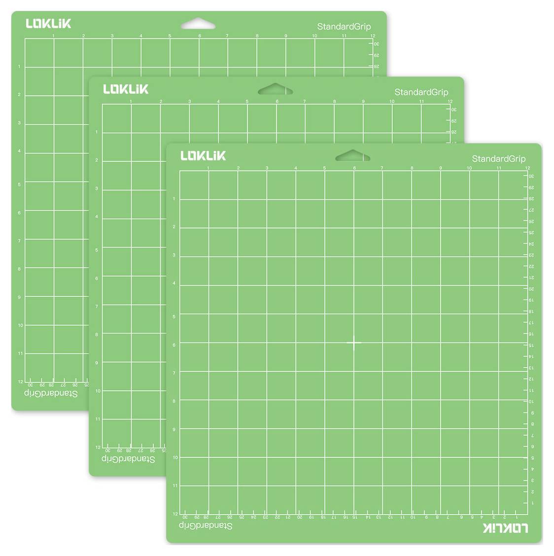 Dreierpack grüner Schneidematten mit je einem Gitterdesign und der Bezeichnung „StandardGrip