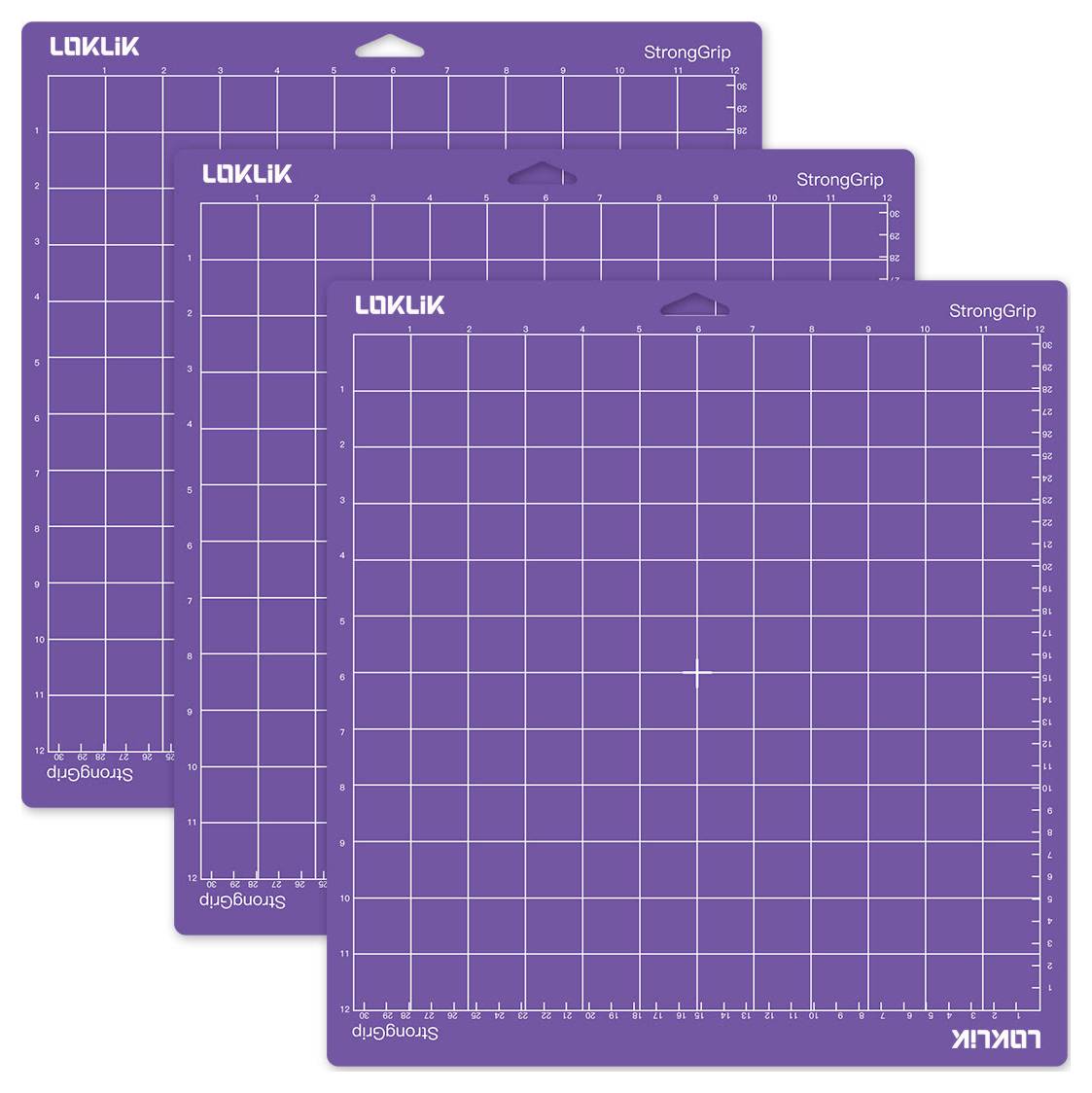 Drei violette Bastelmatten mit Gitternetzlinien und 