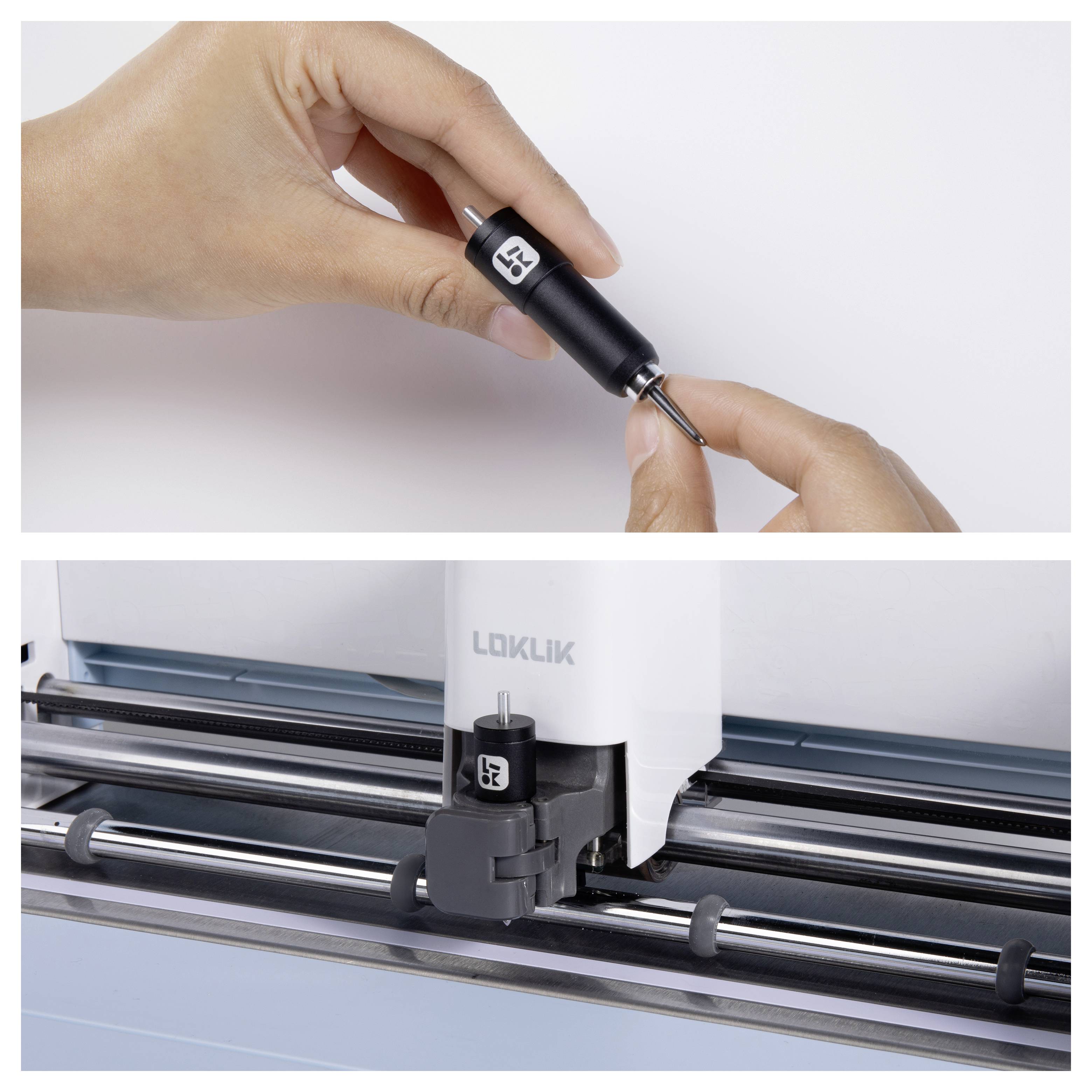 Die Hand einer Person führt ein kleines Werkzeug in eine Schneidemaschine mit der Bezeichnung „LOKLIK