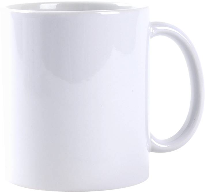 Eine einfache weiße Kaffeetasse mit einem Griff vor weißem Hintergrund.