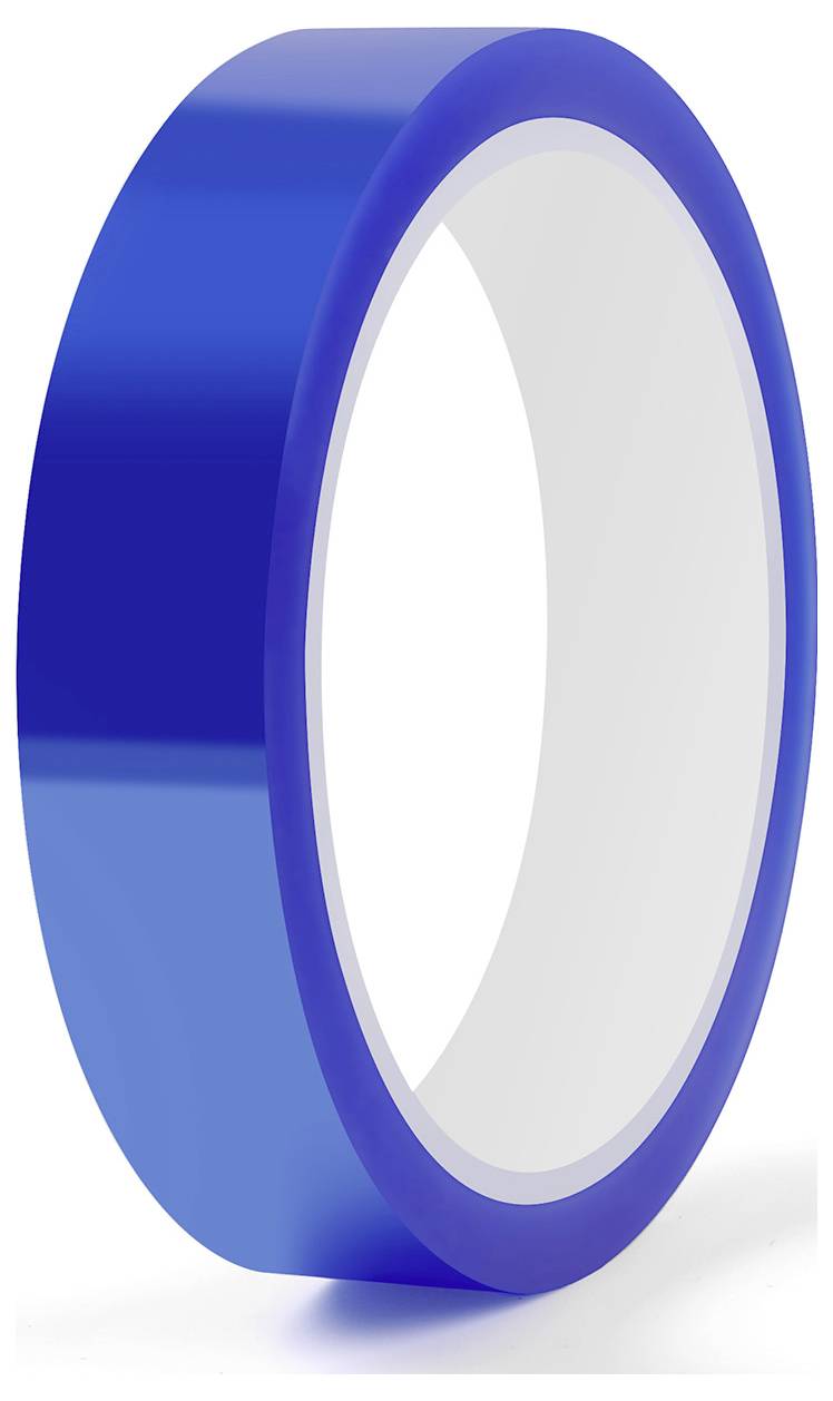 Eine Rolle blaues Klebeband mit glänzender Oberfläche, aufrecht auf ihrer Kante stehend.