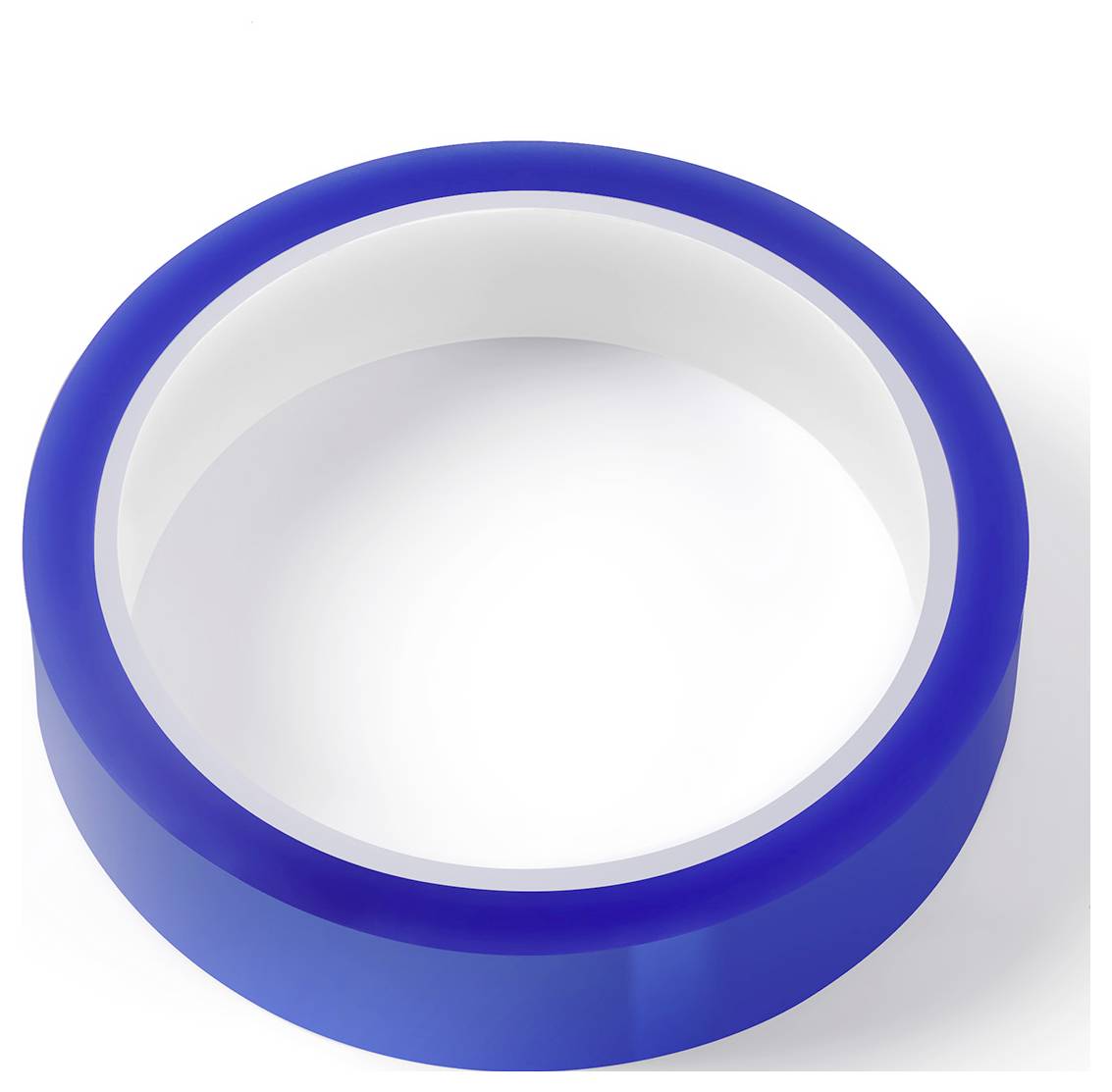 Eine Rolle blaues Maler-Klebeband, innen weiß, von oben auf weißem Hintergrund betrachtet.