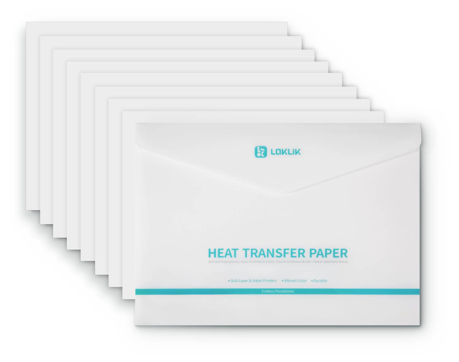 Stapel weißer Umschläge oder Papierpakete mit der Bezeichnung „HEAT TRANSFER PAPER