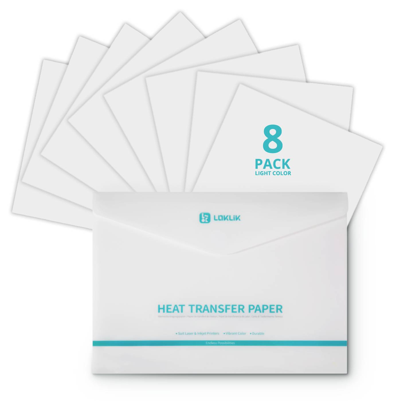Produktverpackung mit einem 8er-Pack von Wärmeübertragungspapierblättern in heller Farbe in einem weißen Umschlag mit der Aufschrift 