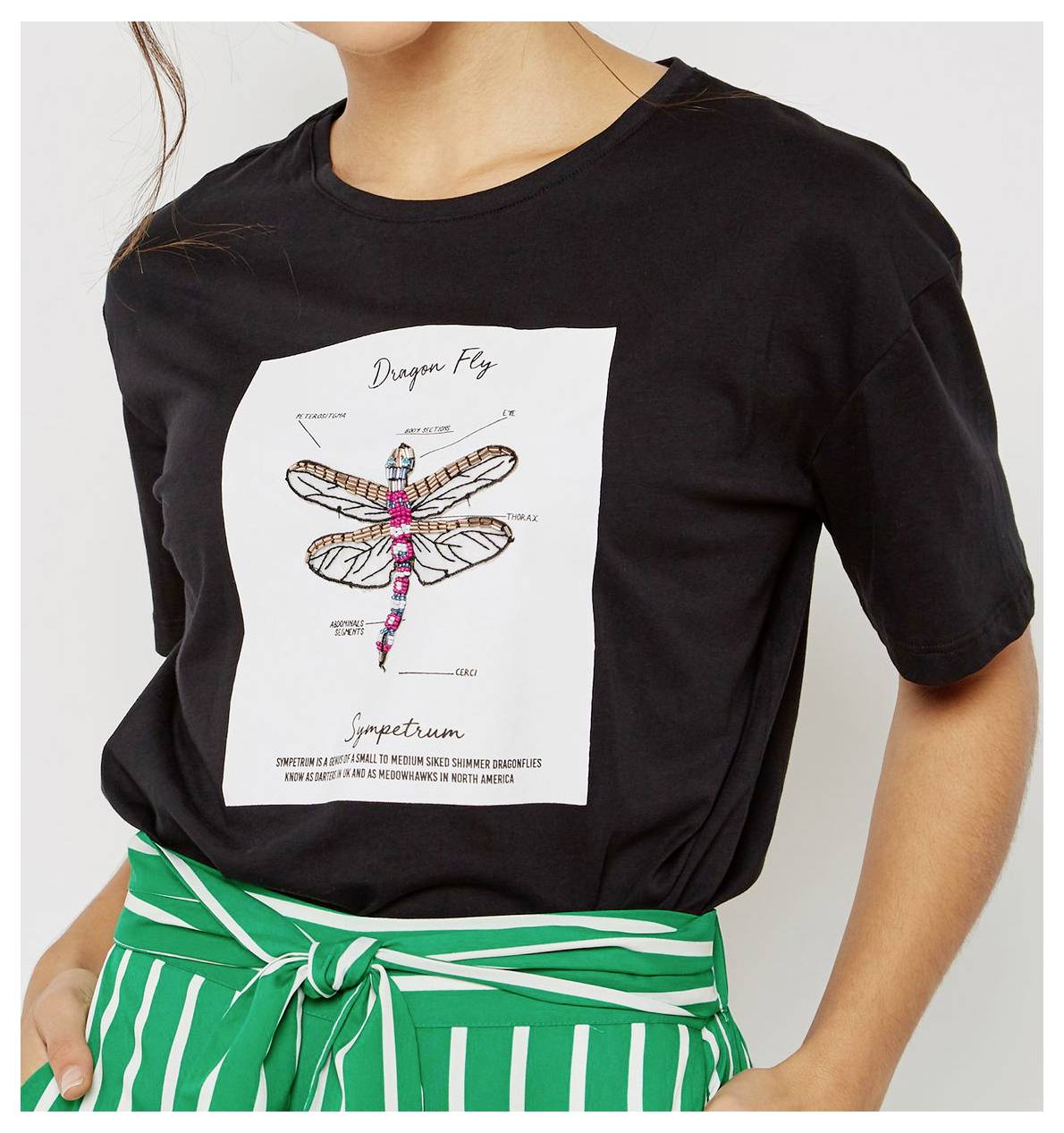 Person trägt ein schwarzes T-Shirt mit einer zentrierten weißen Libellendarstellung und dem Text „Dragon Fly
