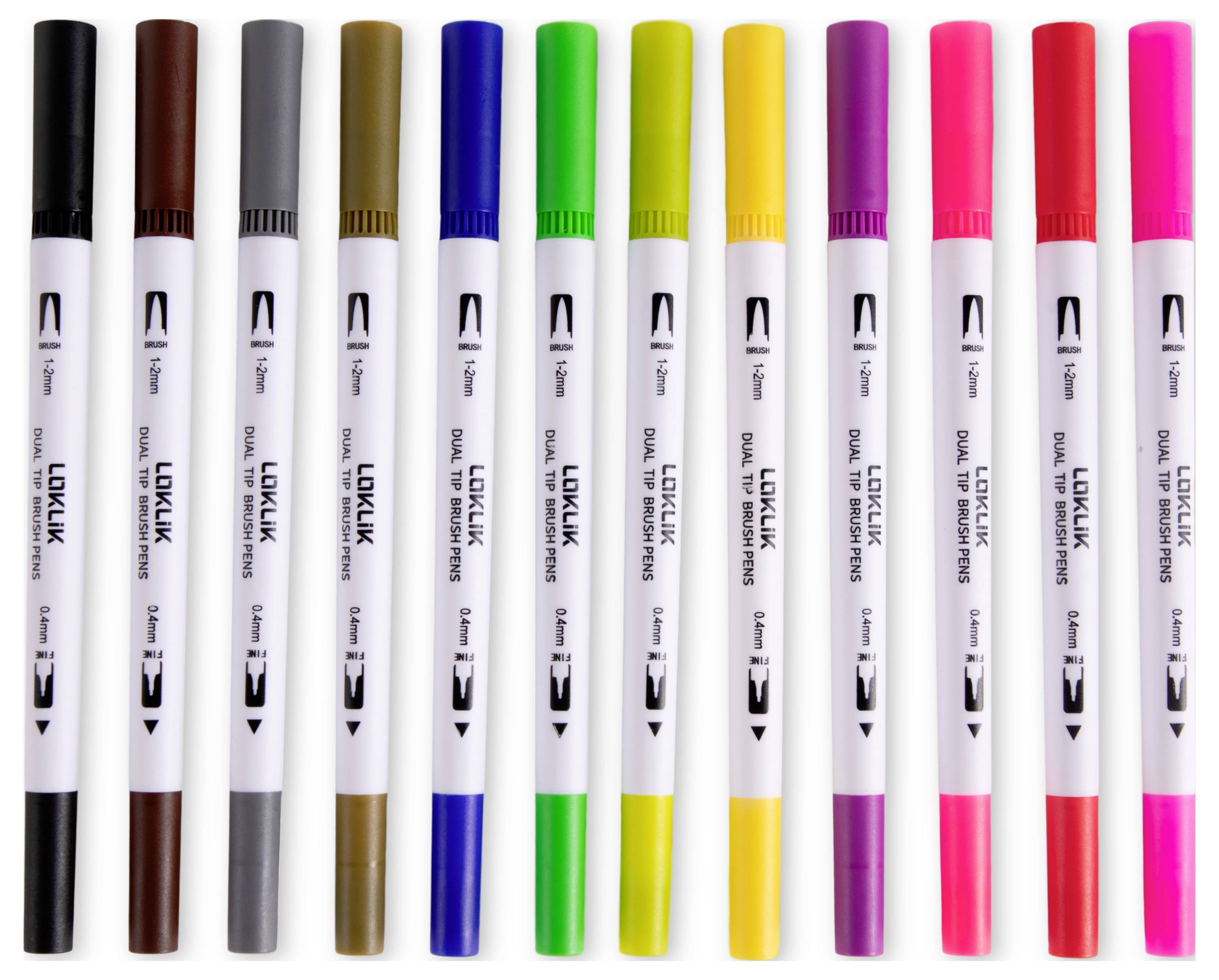 Zwölf Doppelspitzmarker in verschiedenen Farben, in einer Reihe angeordnet.