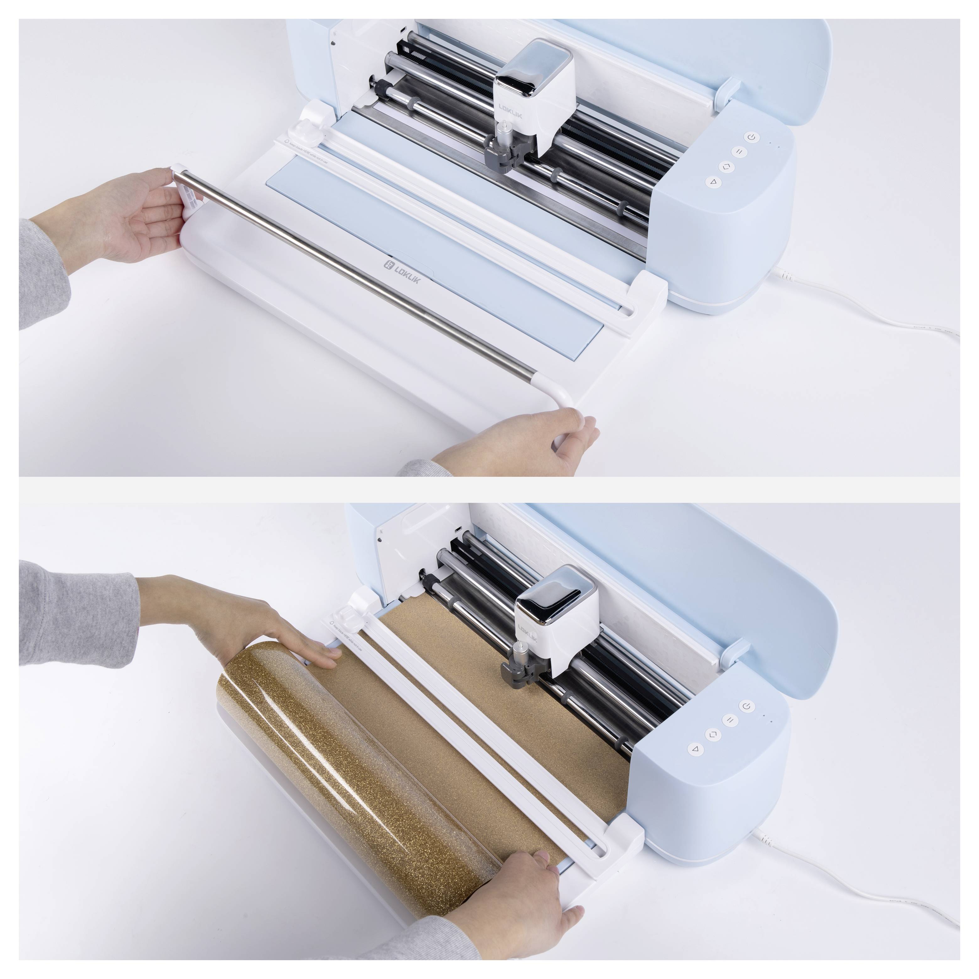 Eine Person, die Material in eine Schneidemaschine lädt. Zwei Bilder zeigen Hände, die Vinylblätter in verschiedenen Farben platzieren: weiß und goldener Glitter.