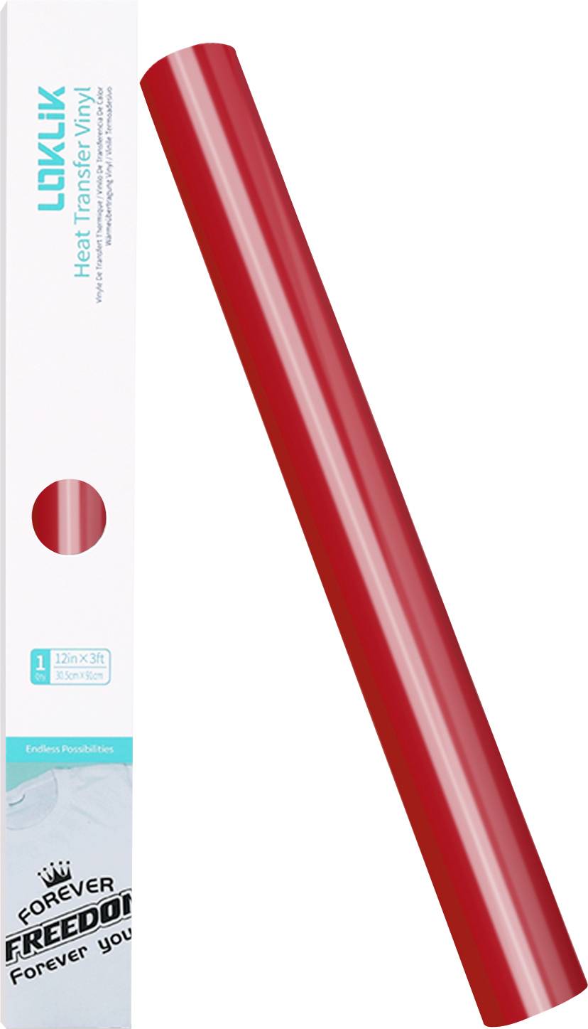 Eine Rolle rotes Vinyl-Dekalfolie wird neben ihrer Verpackung angezeigt. Die Schachtel ist weiß mit blauem Text und einer Aussparung, die die Farbe zeigt.