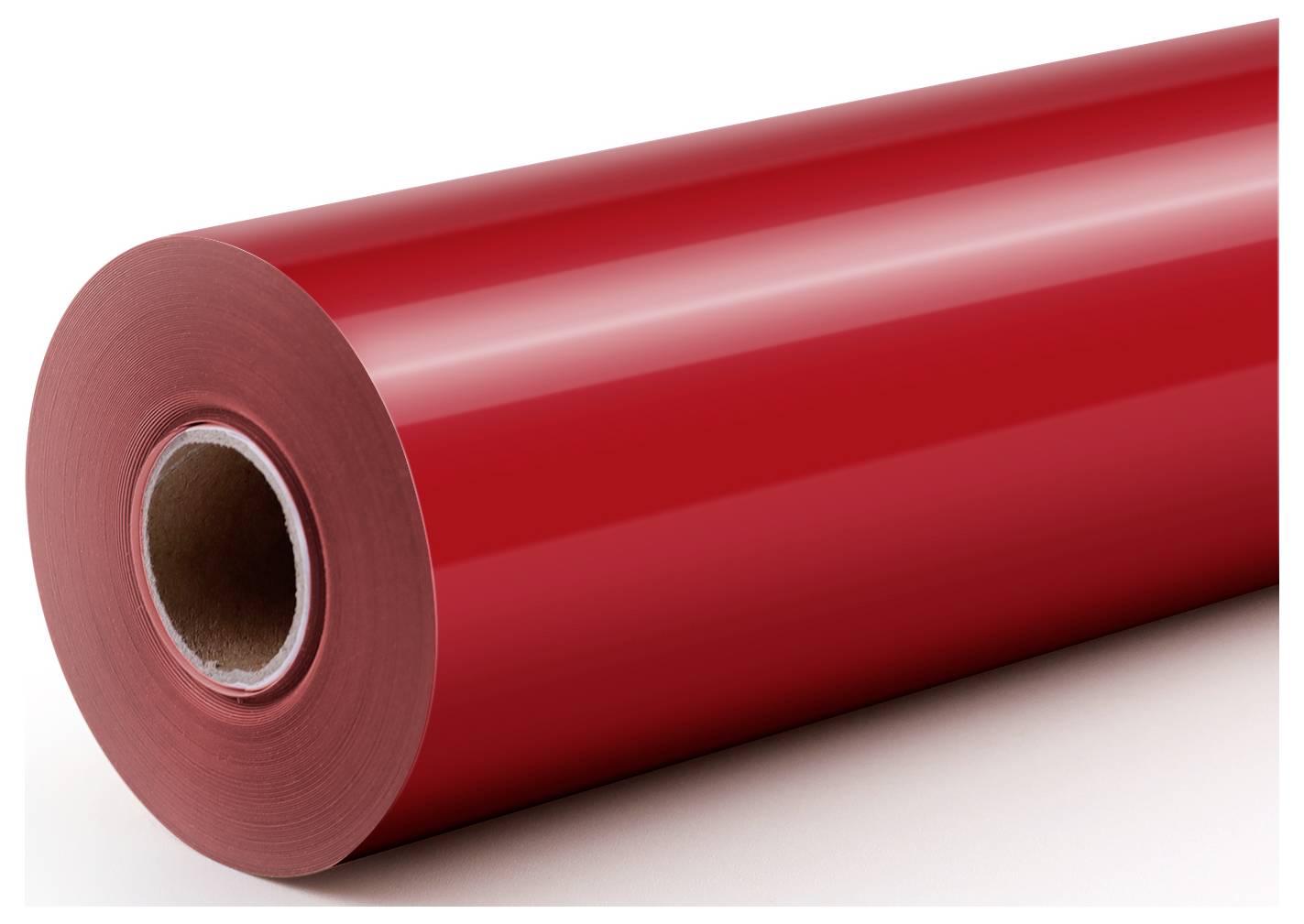 Eine Nahaufnahme einer großen roten Vinyl-Rolle, leicht geneigt, auf weißem Hintergrund. Die Rolle ist glänzend und reflektiert das Licht subtil.