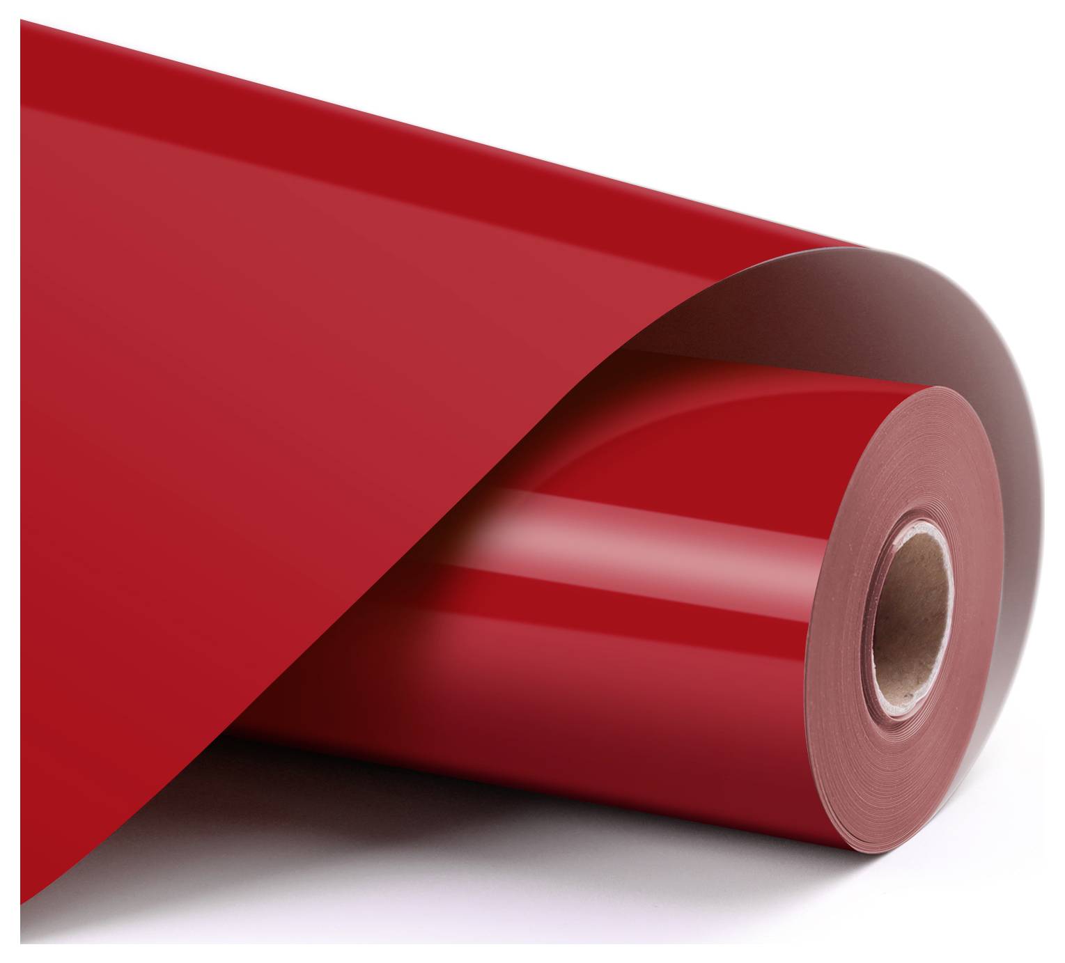 Rote glänzende Vinyl-Rolle teilweise abgerollt, wobei die glatte glänzende Oberfläche und die leuchtende Farbe sichtbar sind.