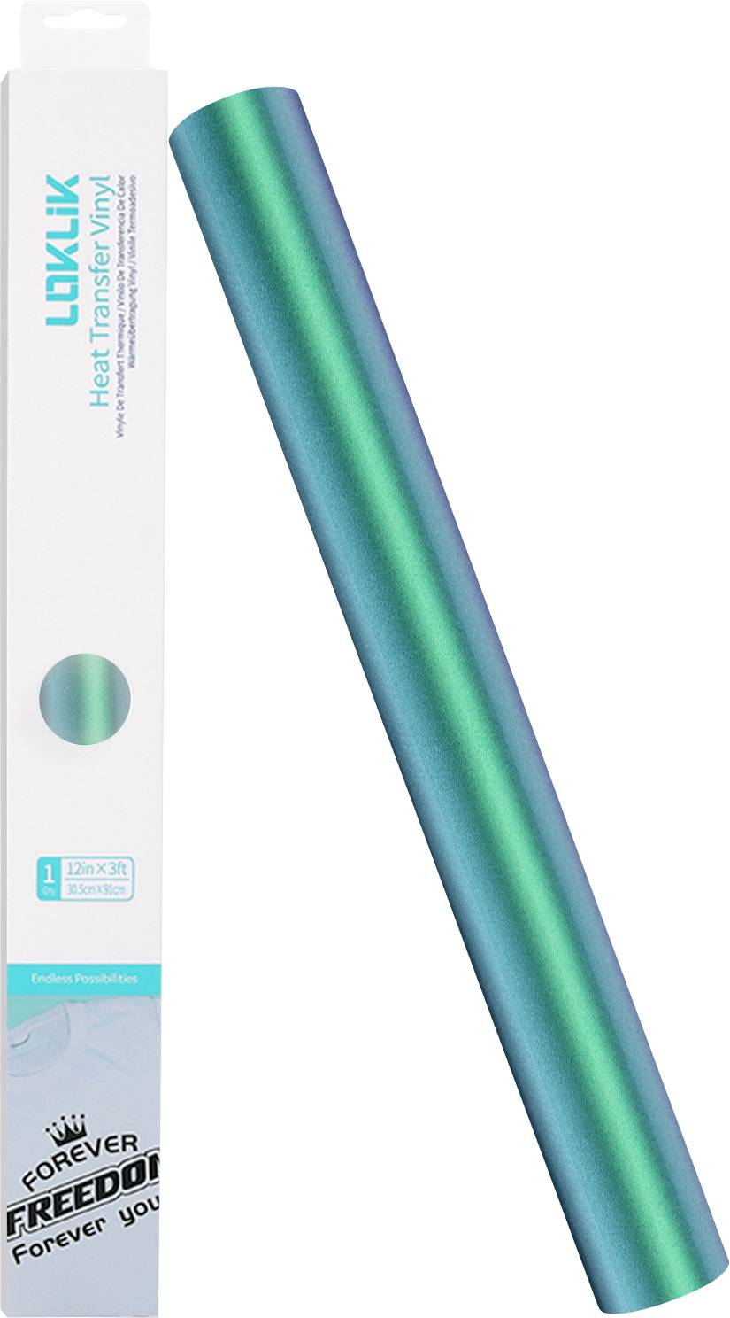 Eine Rolle blaugrüne holografische Vinyl-Folie steht senkrecht neben ihrer Verpackung, die weiß mit blauem Text ist und „Forever Freedom