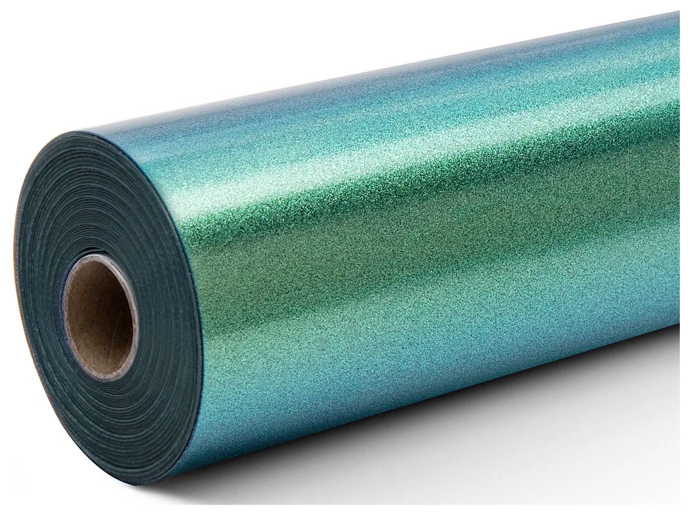 Eine Rolle tealfarbenes holografisches Vinyl, teilweise abgerollt, zeigt seine glänzende, reflektierende Oberfläche.