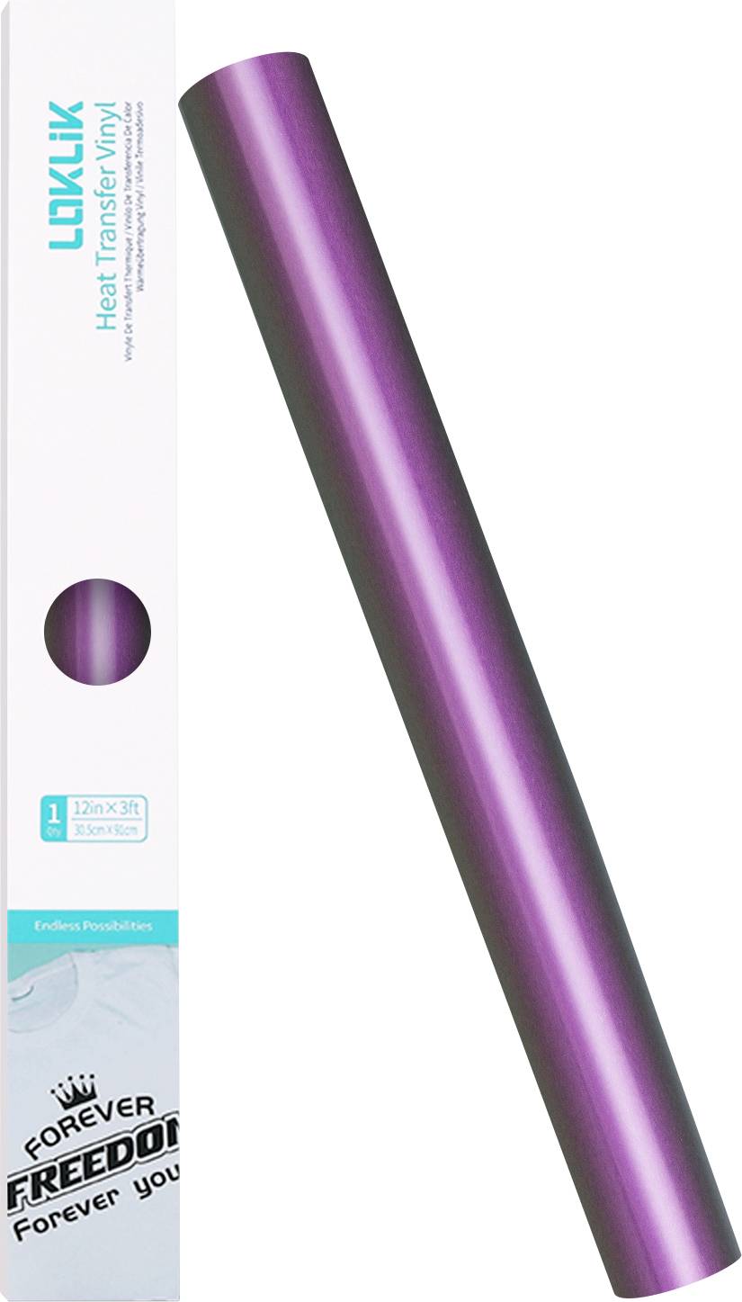 Eine Rolle lila Transferfolie neben ihrer Verpackungsschachtel. Die Schachtel zeigt den Markennamen und den Phrase 'Forever Freedom Forever Young'.