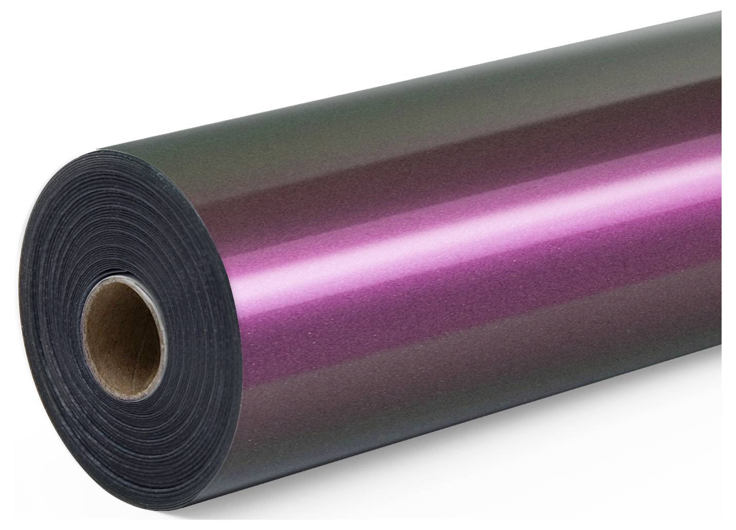 Eine glänzende Rolle irisierendes Vinylfolie mit Schattierungen von Rosa und Grün. Die Rolle wird von der Seite dargestellt und zeigt ihre Länge und ihren Farbverlauf.
