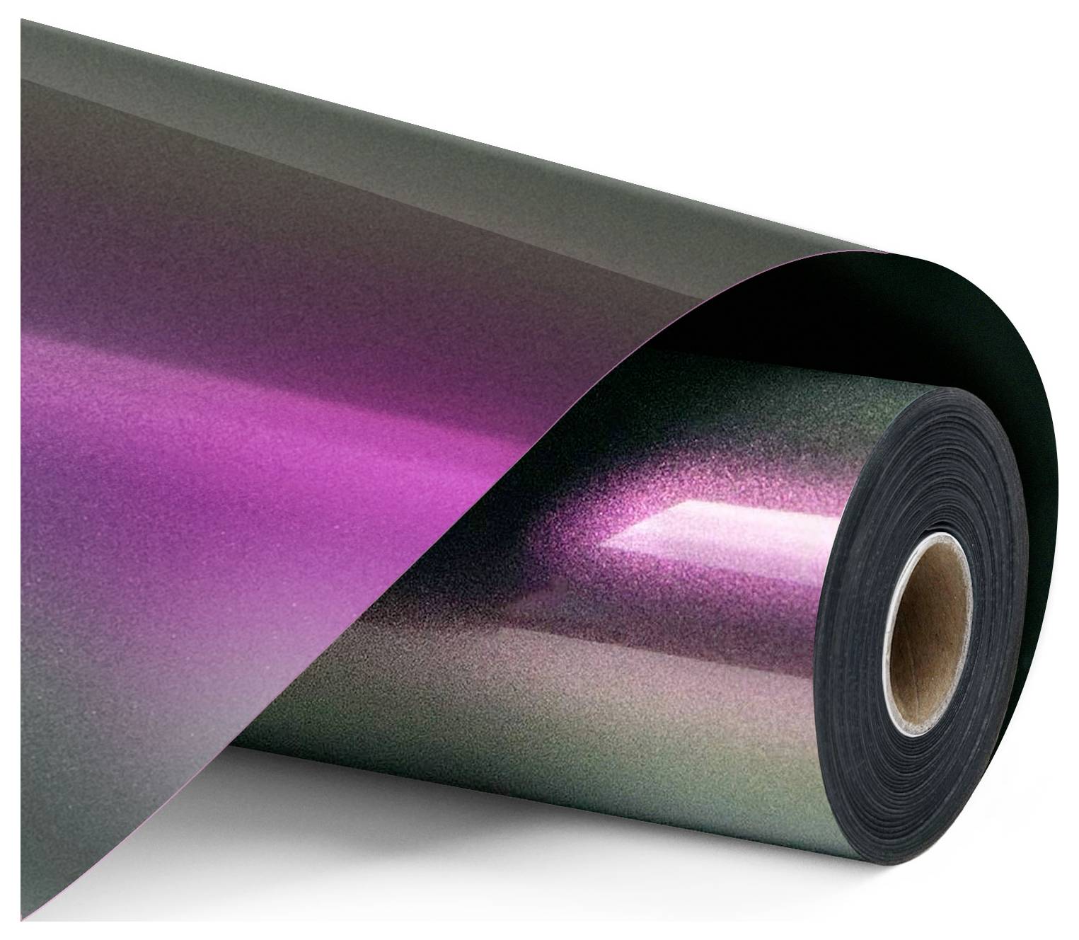 Eine Rolle farbwechselndes Vinyl mit einem Farbverlauf von dunklem Grün bis leuchtendem Magenta, das Licht reflektiert, mit einer glatten, glänzenden Oberfläche.