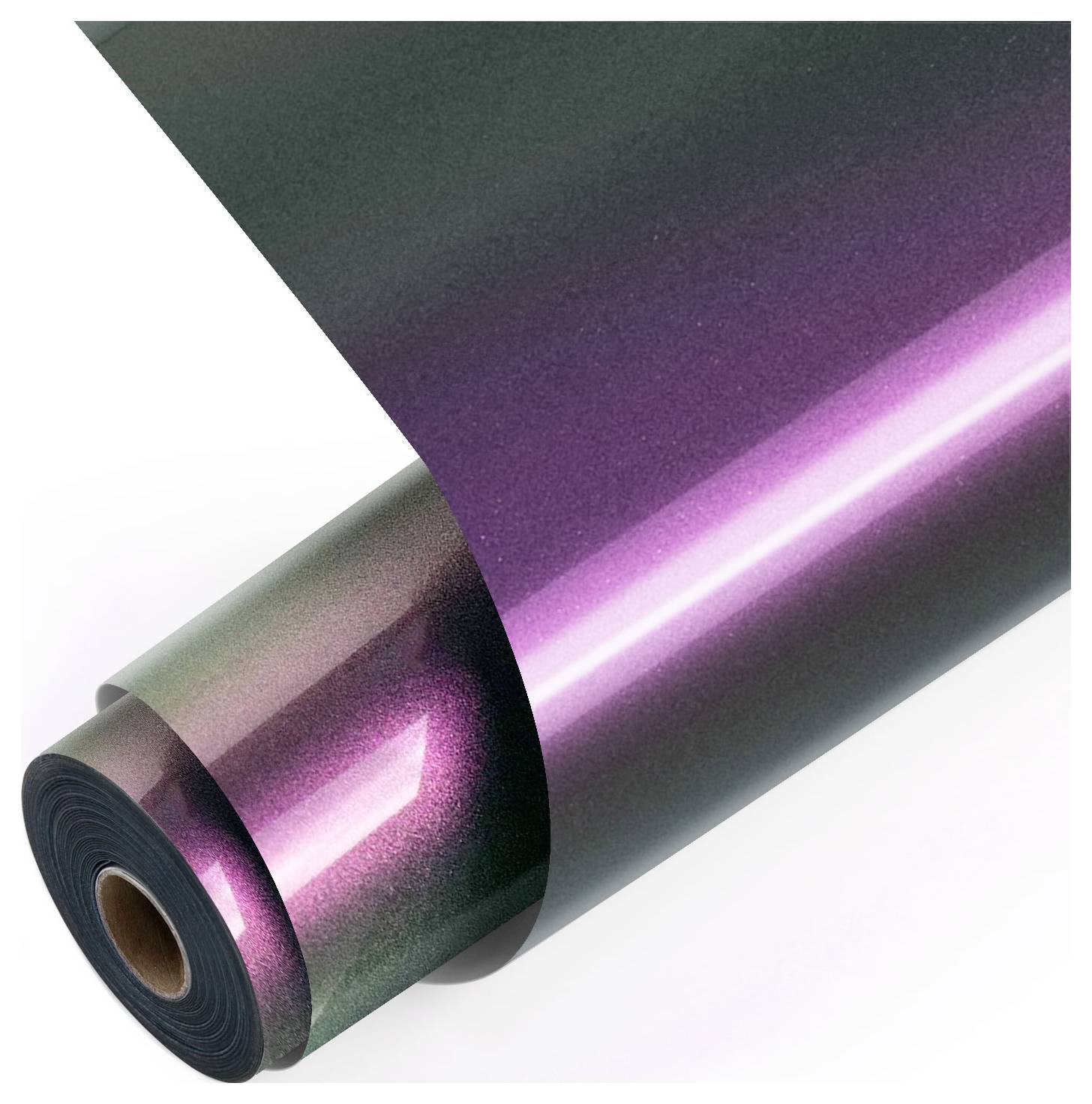 Eine Rolle glänzende, farbwechselnde Vinyl-Folie mit schillernden Farbtönen, die von tiefem Grün bis zu leuchtendem Violett reichen, teilweise abgerollt.