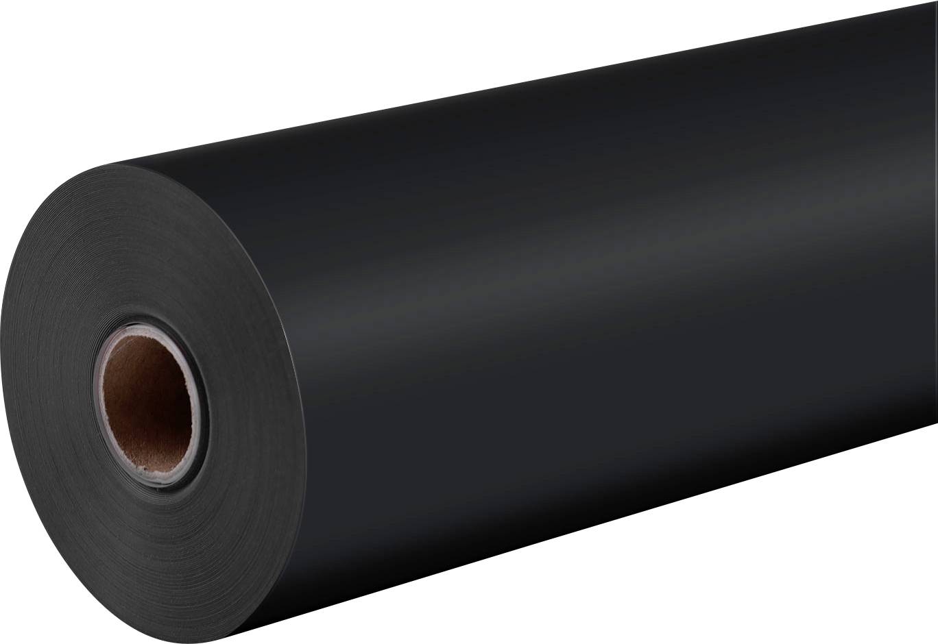 A large roll of black plastic sheeting with a cardboard core, typically used for construction, gardening, or protective purposes.