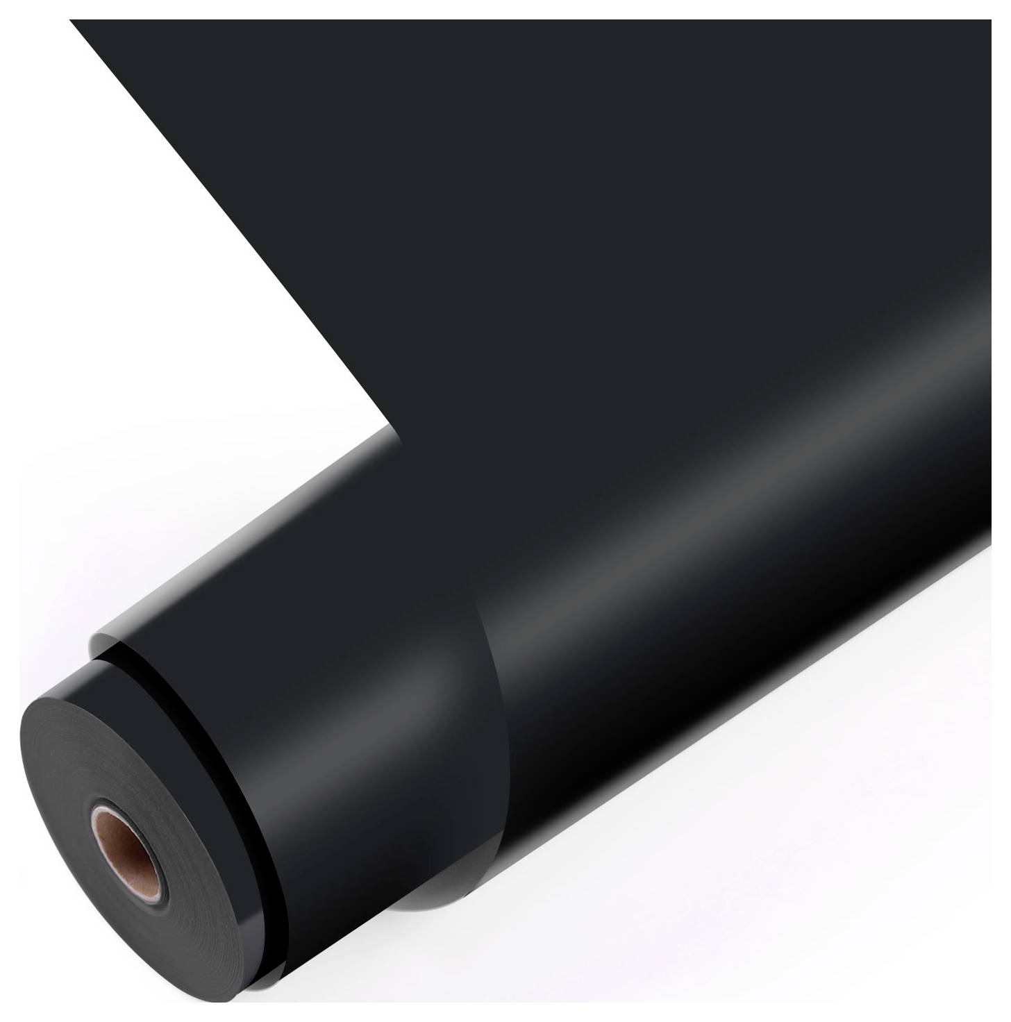 „Schwarze Vinylrolle auf weißem Hintergrund, teilweise abgerollt, um Textur und Dicke zu zeigen.