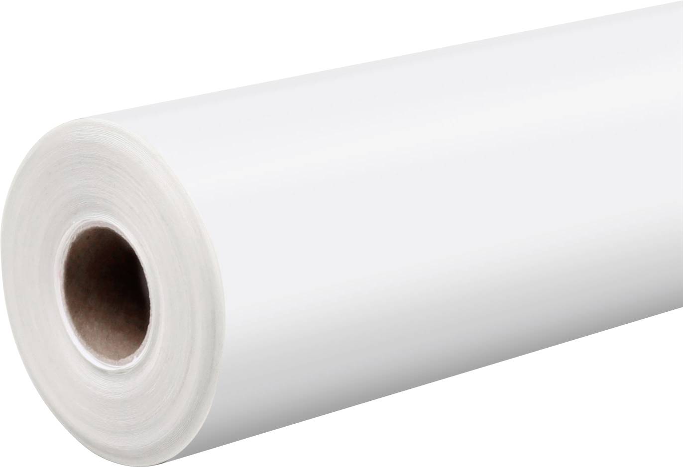 Eine große Rolle weißes Papier, seitlich auf ihrer Seite ruhend mit dem sichtbaren inneren braunen Kern. Geeignet für Druck- oder Handwerkszwecke.