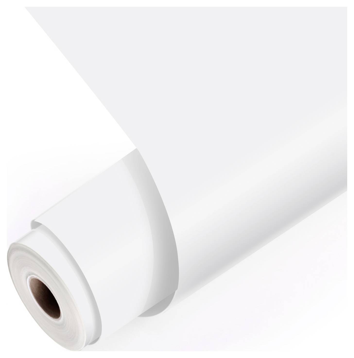 Eine Nahaufnahme einer Rolle weißen Papiers, schräg positioniert, mit leicht abgerollter Kante, die ihre glatte Textur zur Schau stellt.