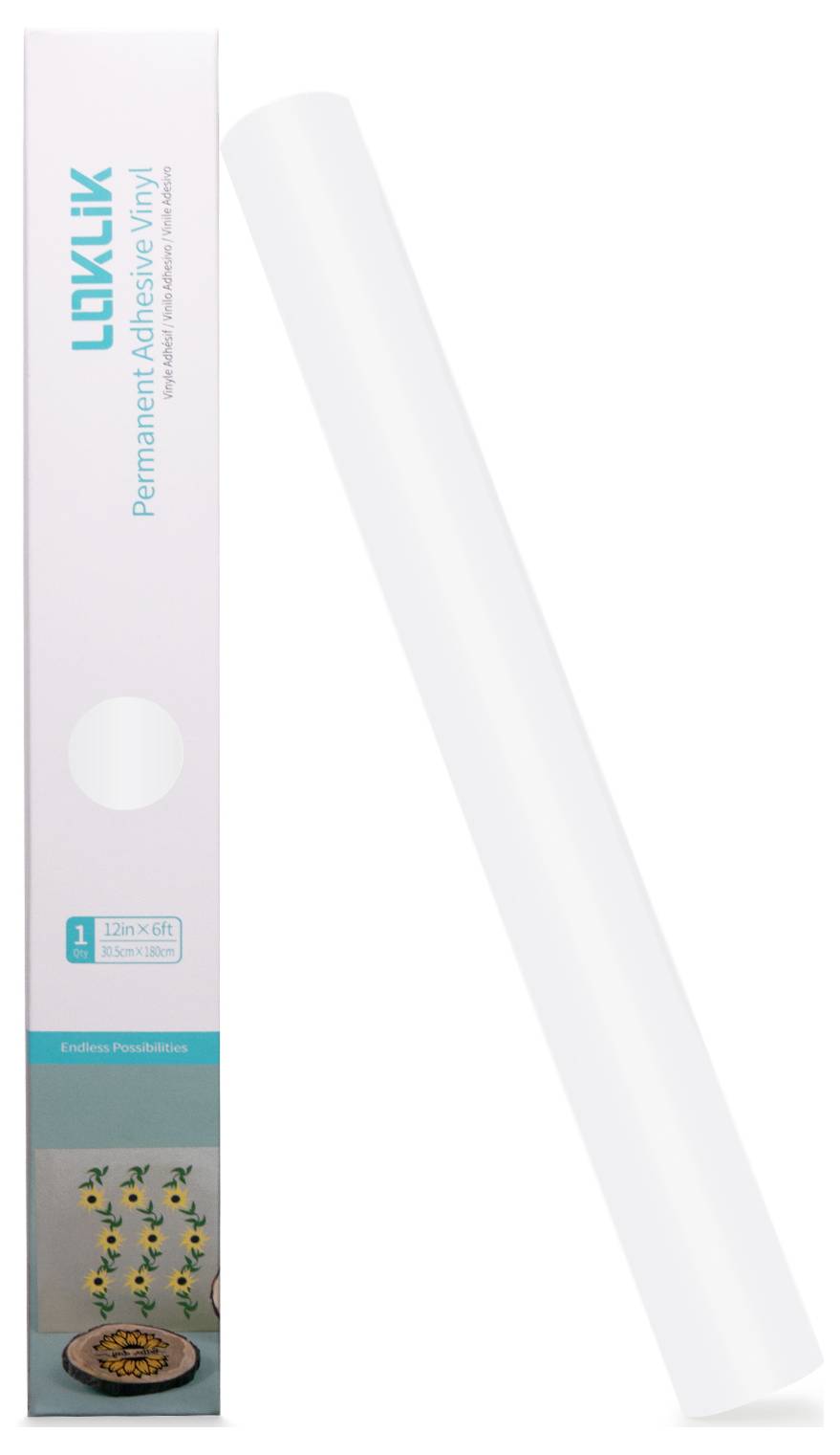 Eine Rolle permanenter Haftklebefolie auf weißem Hintergrund, verpackt in einer Box, die eine Heimdekoration mit gelben Blumen zeigt.