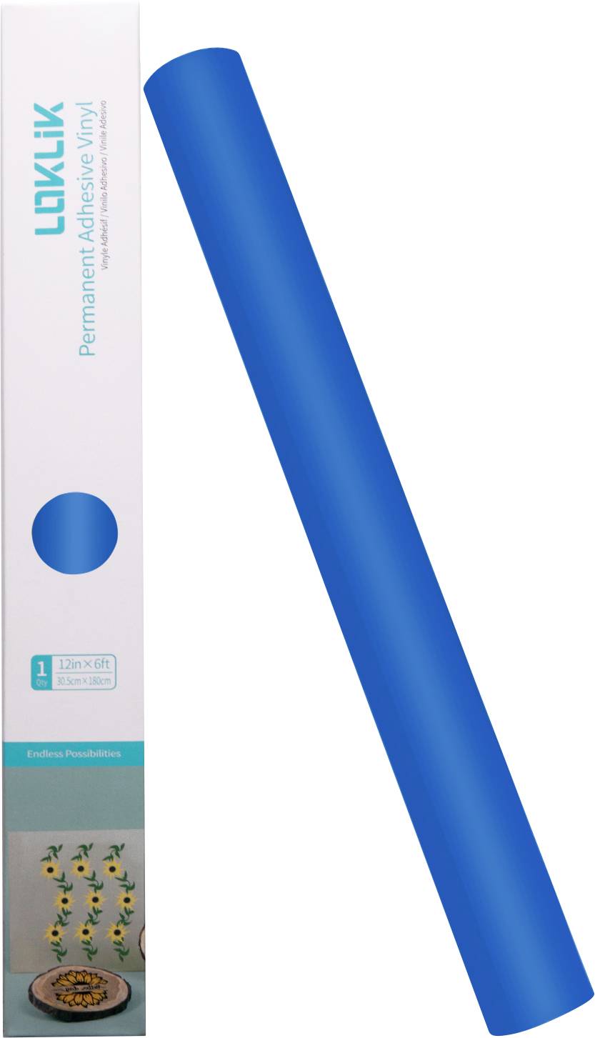 Eine Rolle aus dauerhaftem Klebevinyl in leuchtendem Blau, neben ihrer Verpackung, die ein Bild eines dekorierten Tellers und Text zeigt.