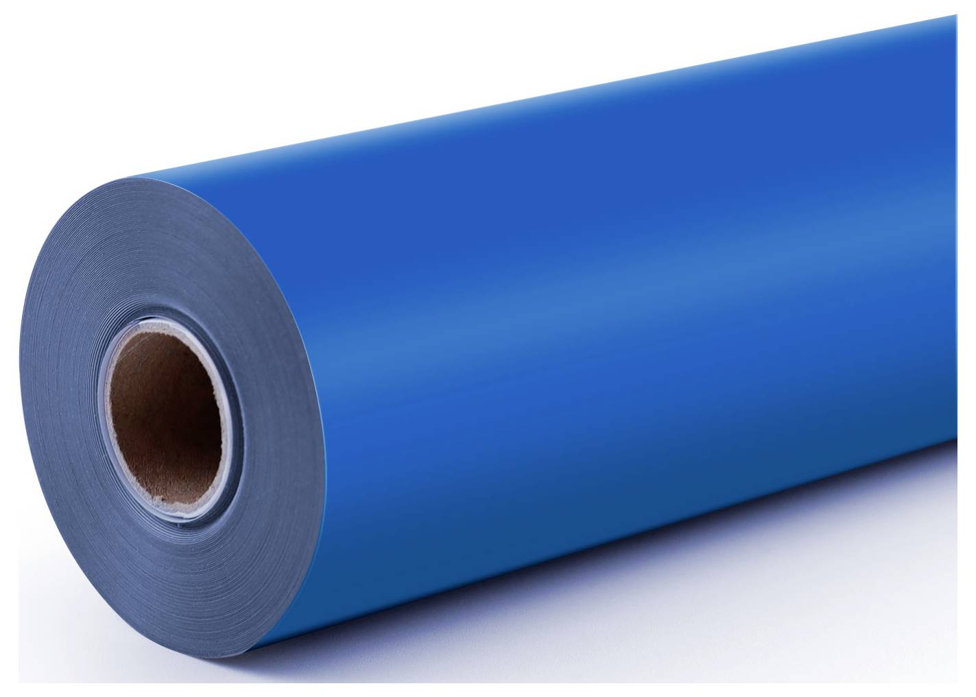 Eine große Rolle aus tiefblauem Vinylmaterial mit einem braunen Papierkern, verwendet zum Drucken oder Verpacken.