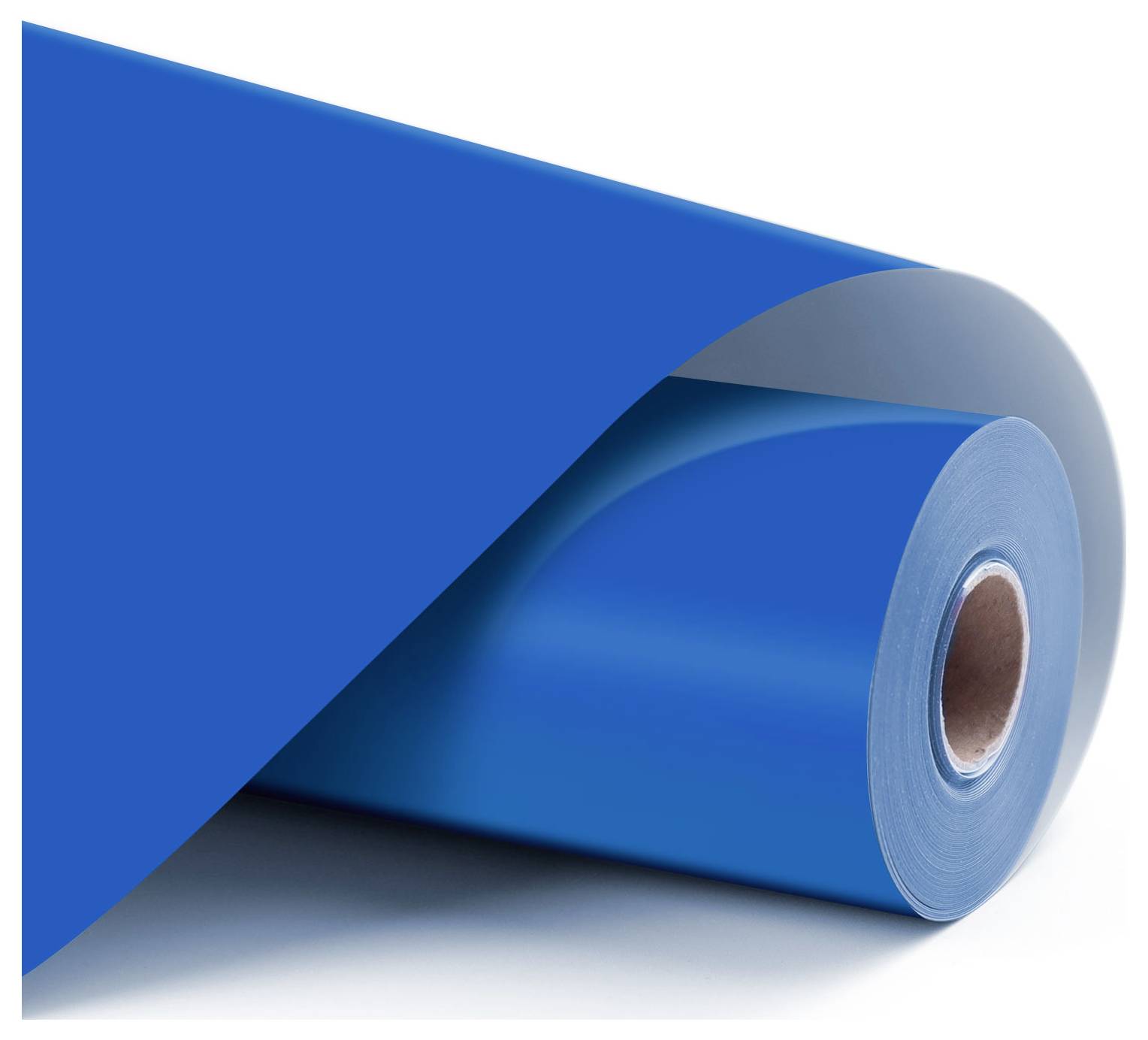 Eine große Rolle aus blauem reflektierendem Vinyl-Blatt mit glänzender Oberfläche, teilweise abgerollt, zeigt ihre glänzende Textur.