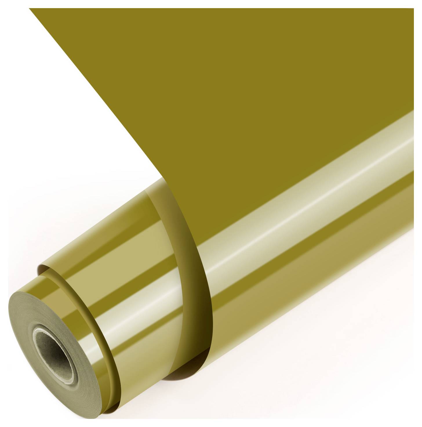 Eine große Rolle aus glänzendem, goldfarbenem Material ist teilweise abgerollt und zeigt ihre glatte und reflektierende Oberfläche.