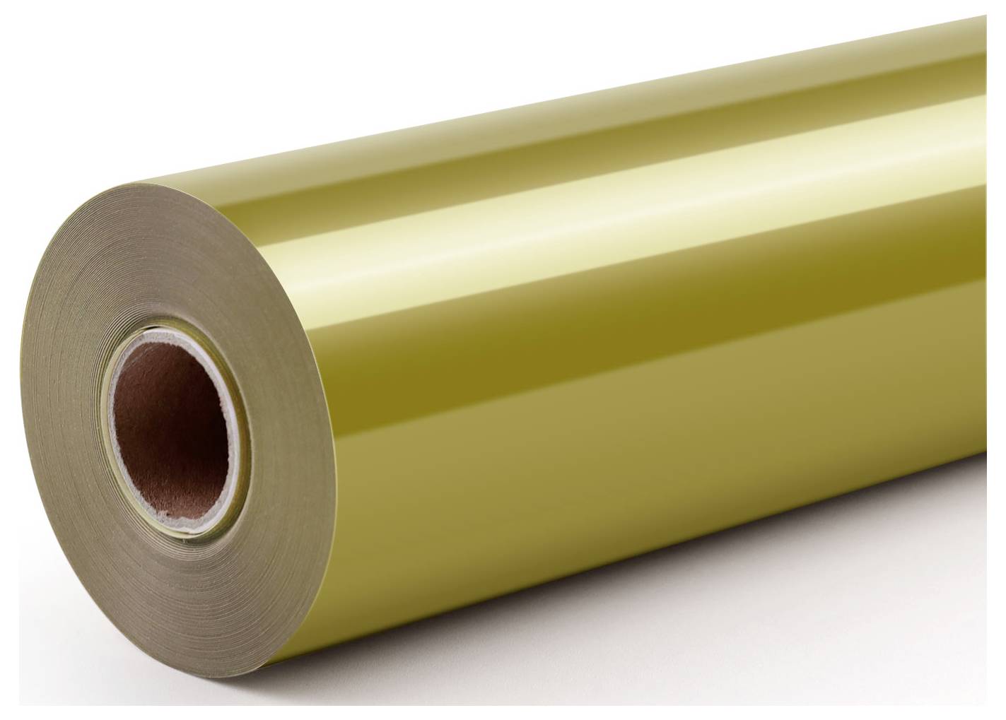 Rolle glänzendes goldenes Vinyl-Folie, leicht reflektierend, auf weißer Oberfläche, verwendet zum Verpacken oder zu dekorativen Zwecken.